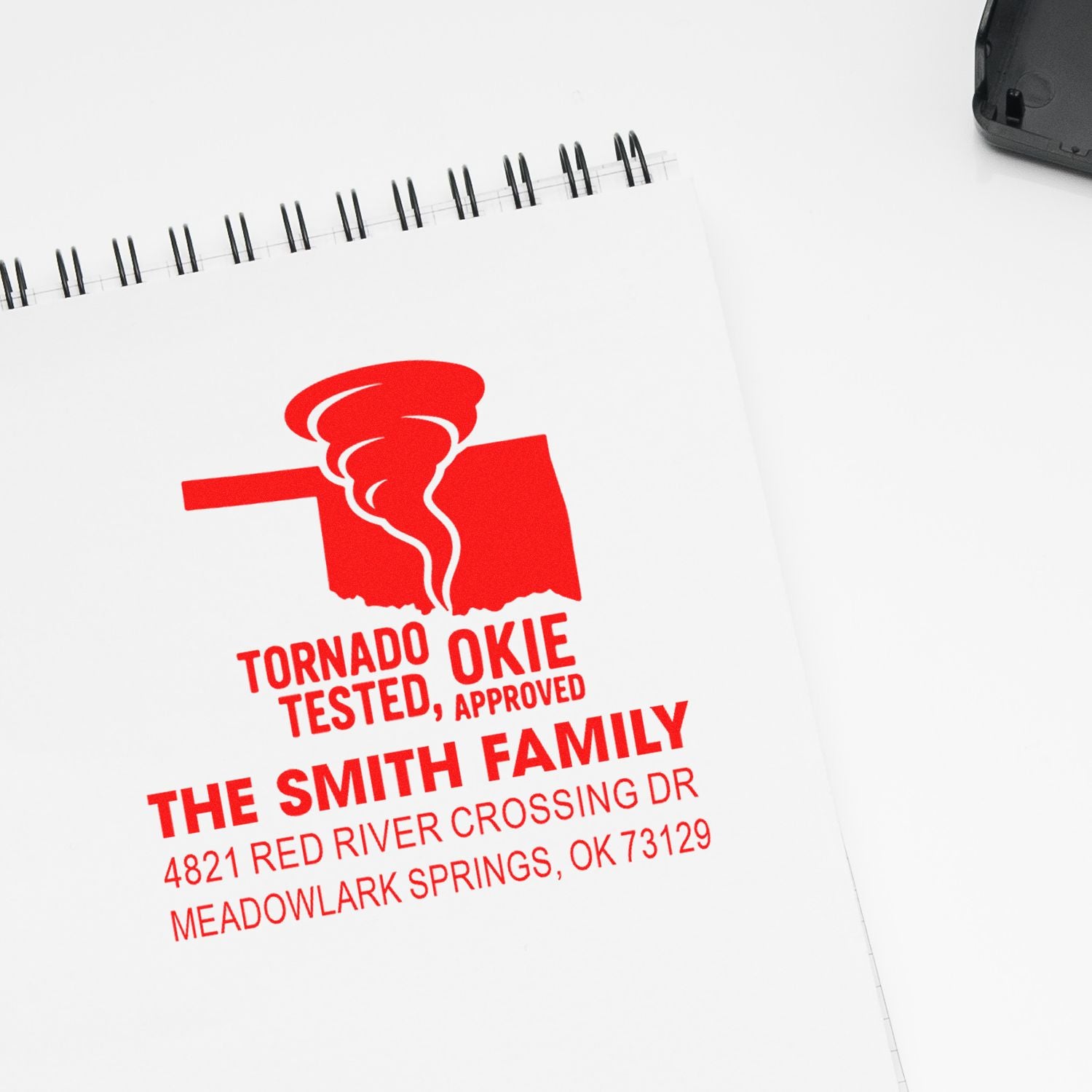 Custom tornado-tested address rubber stamp for The Smith Family with Oklahoma return address and bold red design.