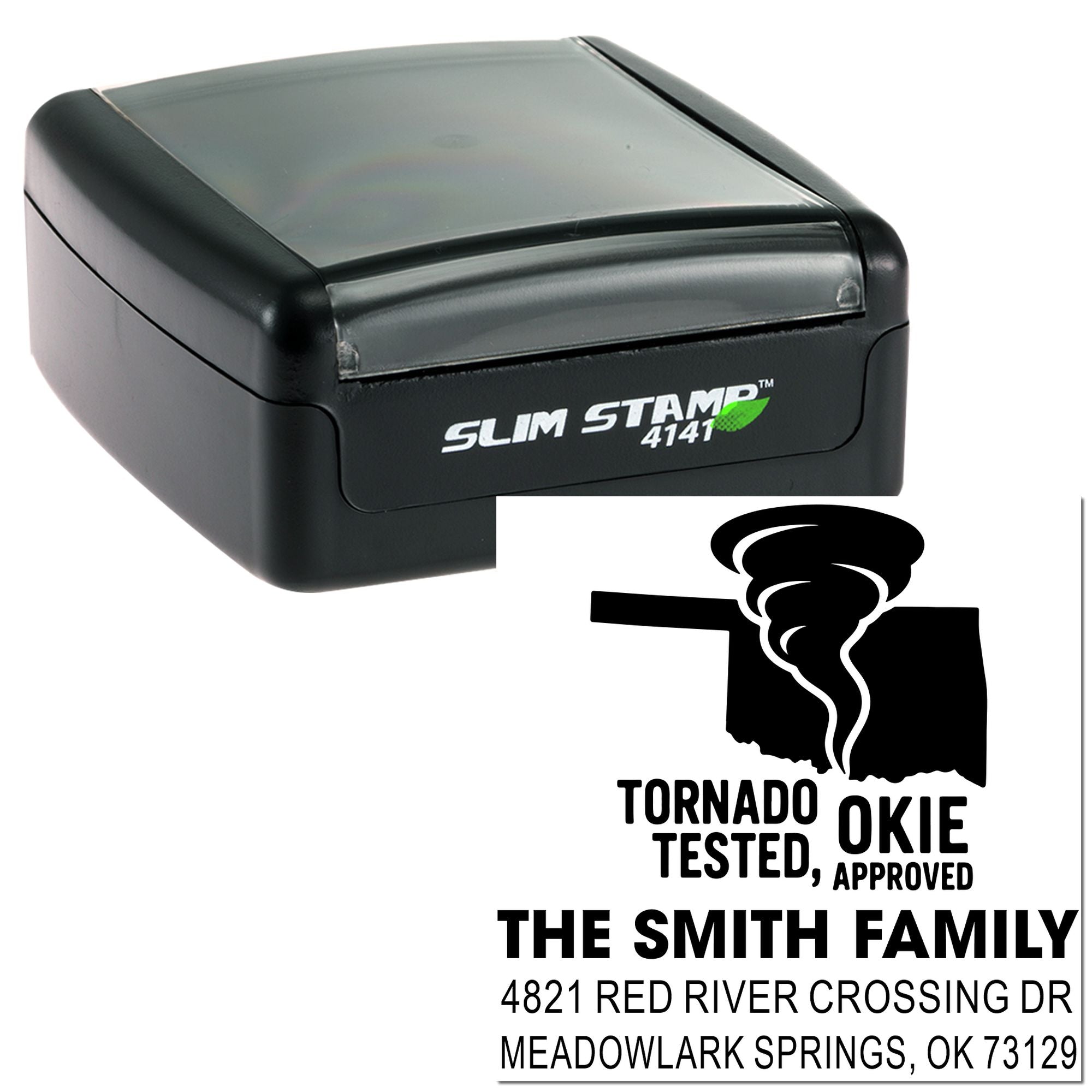 Slim Stamp 4141 self-inking custom return address rubber stamp with Tornado Tested, Okie Approved Oklahoma family design