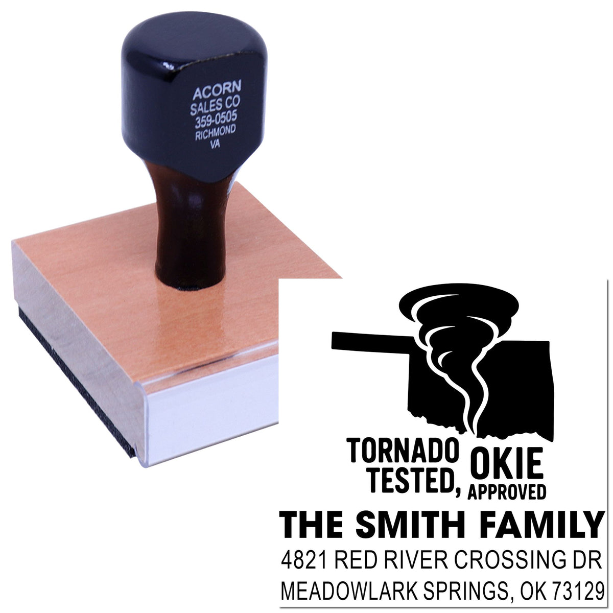 Custom rubber address stamp with tornado-tested family logo, name, and Oklahoma return address for envelopes.