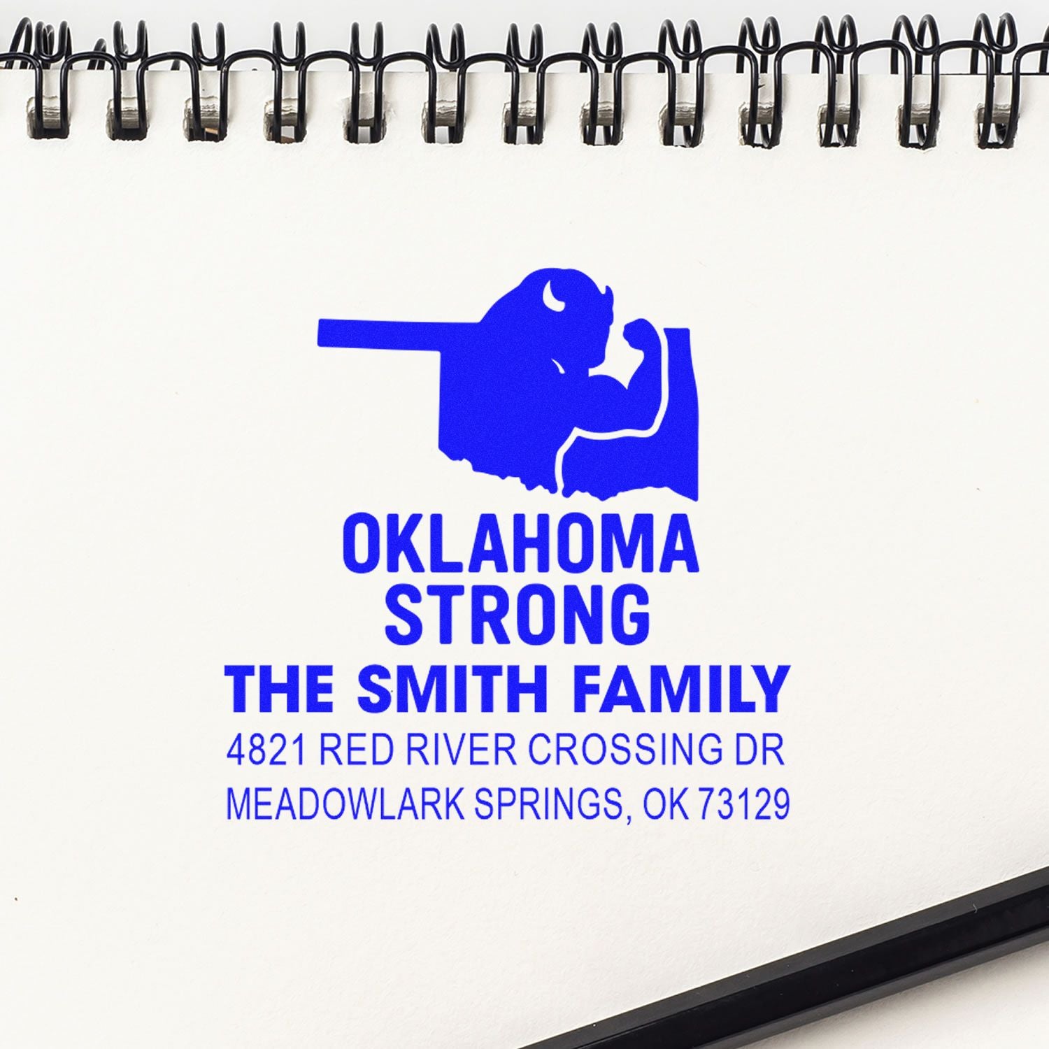 Personalized Oklahoma Strong family address rubber stamp for The Smith Family in Meadowlark Springs, OK 73129