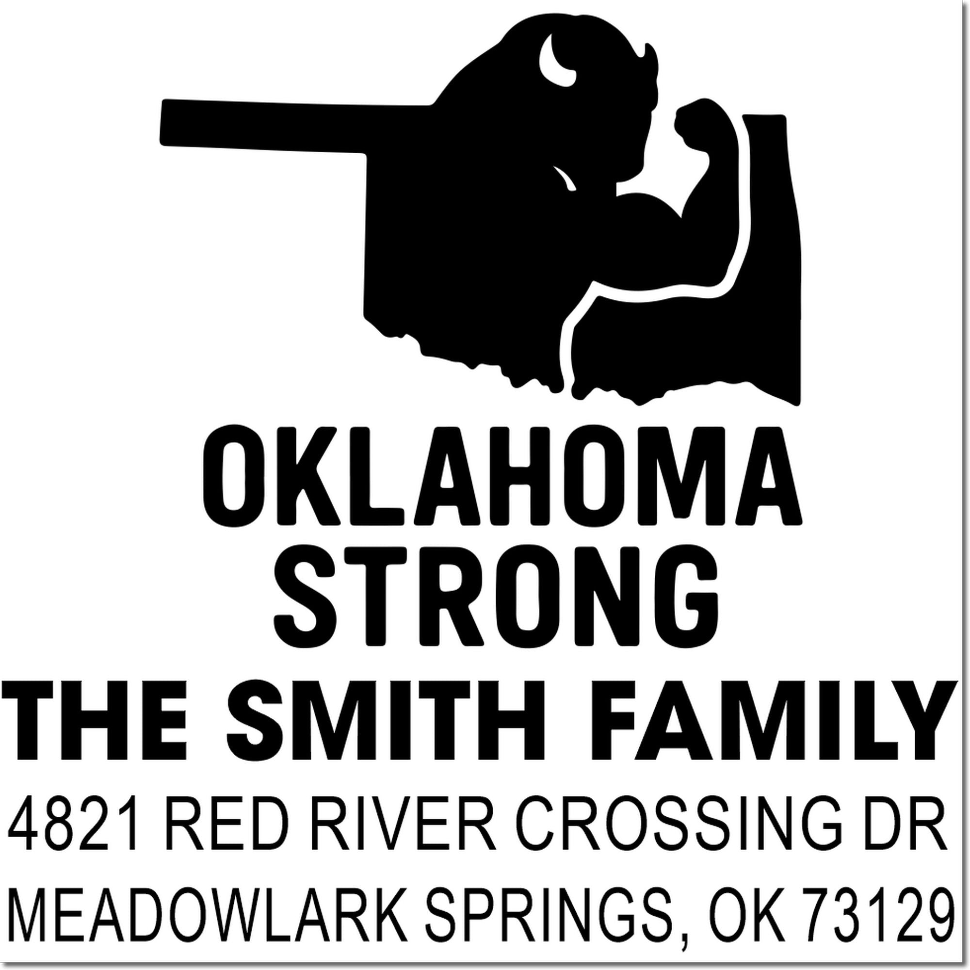 Custom Oklahoma Strong family return address rubber stamp with state silhouette for The Smith Family, Meadowlark Springs, OK 73129.