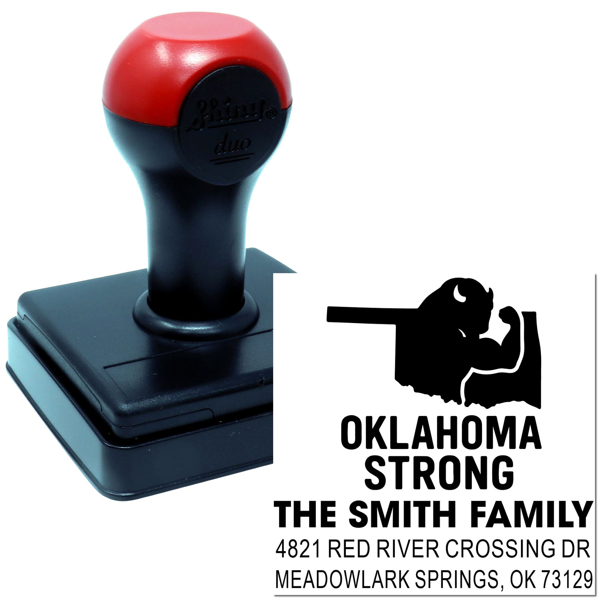 Custom self-inking rubber stamp with Oklahoma Strong Smith Family address for Meadowlark Springs, OK 73129