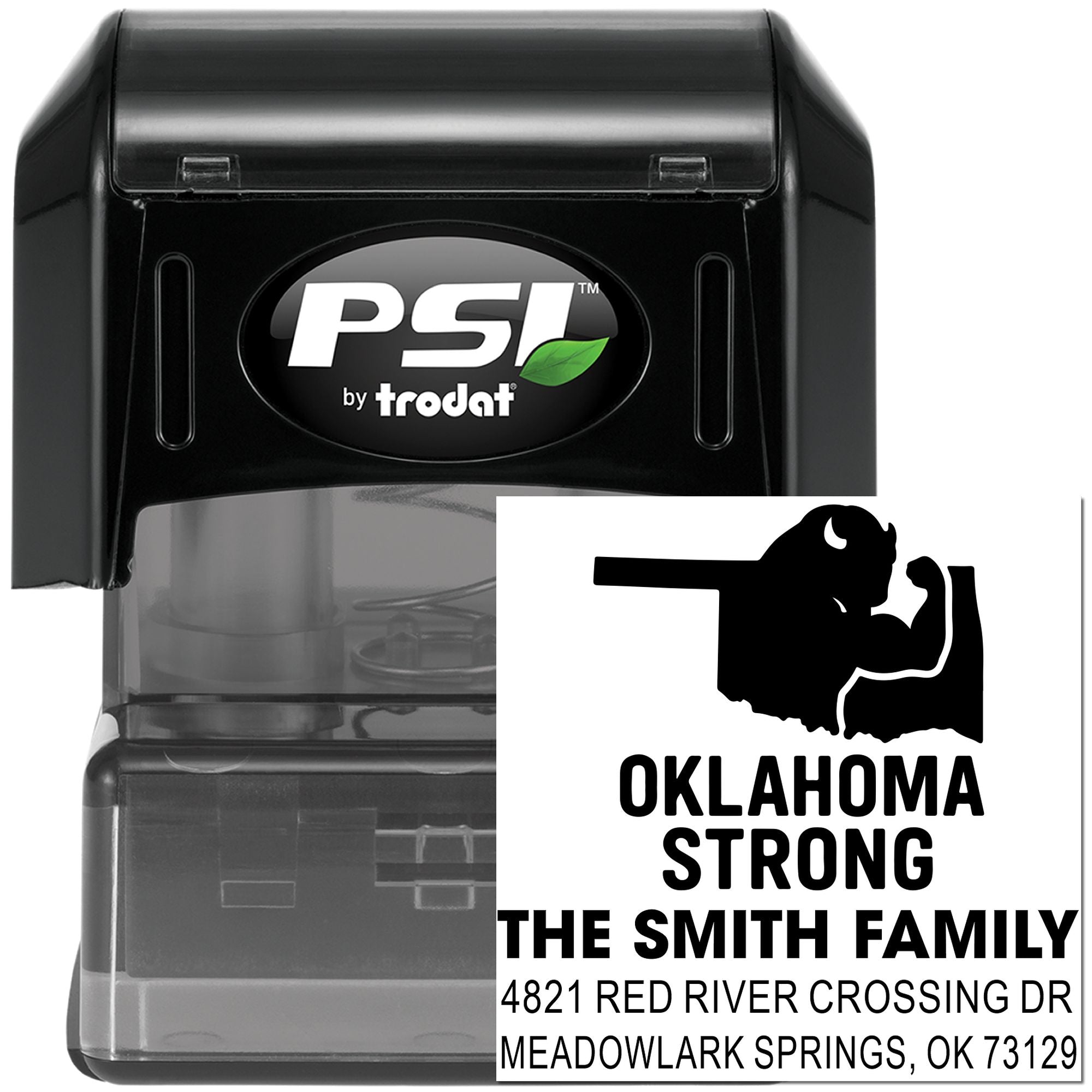 Custom self-inking rubber stamp by PSI Trodat featuring an Oklahoma Strong return address design for The Smith Family.