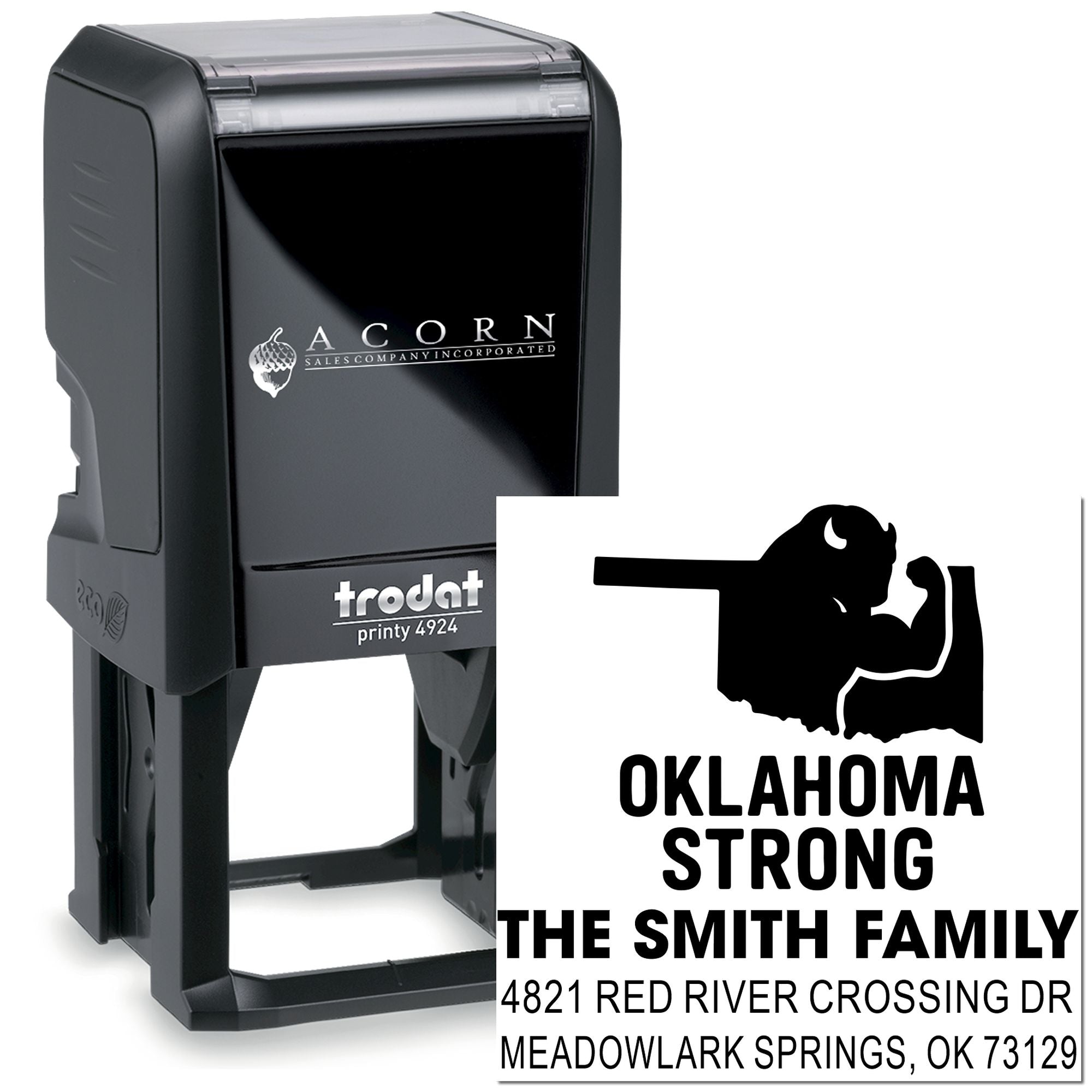Custom self-inking Trodat address stamp with Oklahoma Strong Smith family return address for personalized mailing.