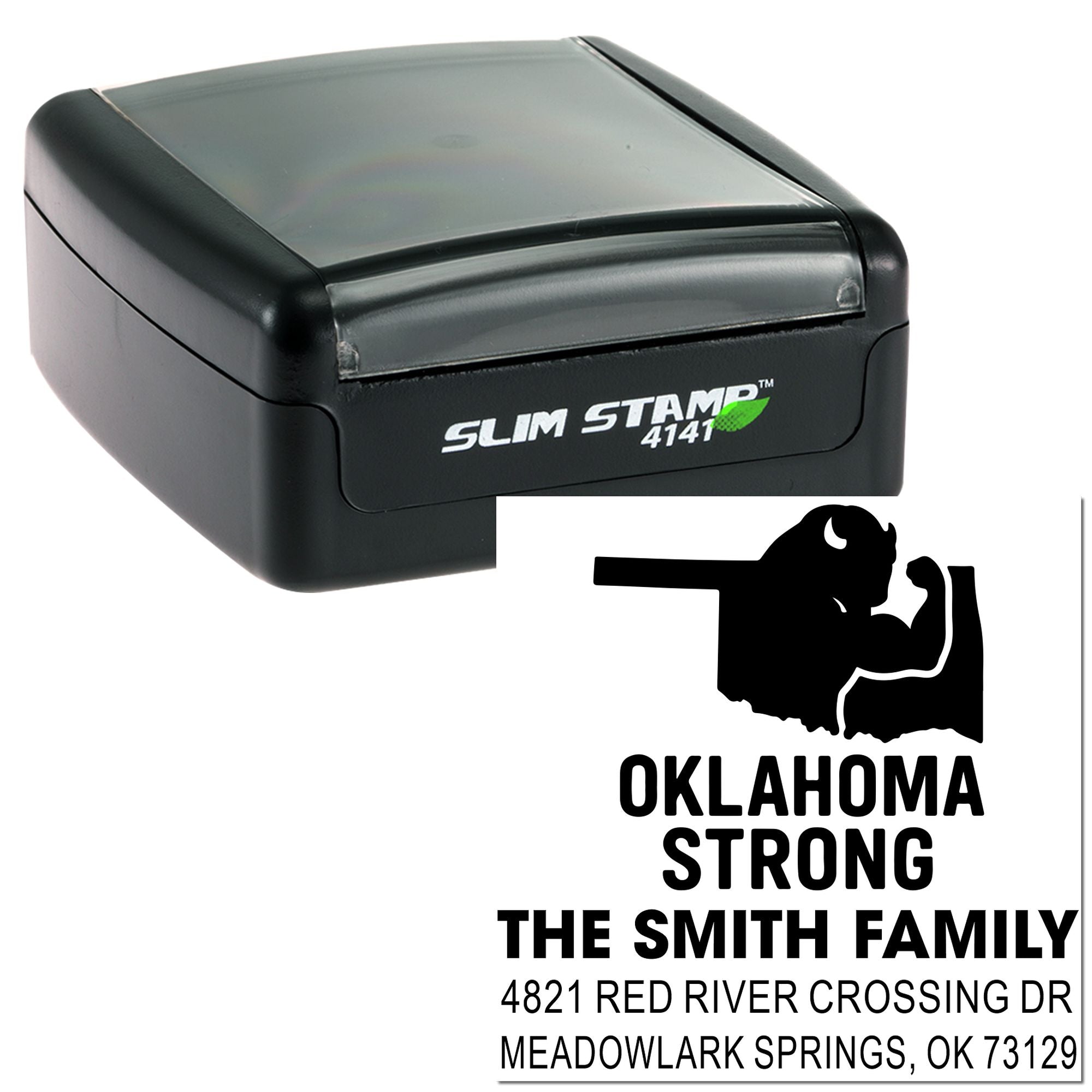 Custom self-inking address rubber stamp with Oklahoma Strong design for The Smith Family and return address.