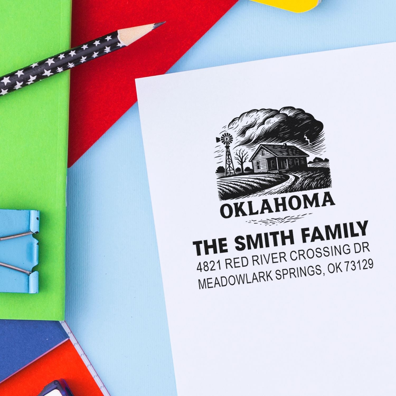 Personalized Oklahoma return address rubber stamp for The Smith Family with farmhouse logo and mailing address.