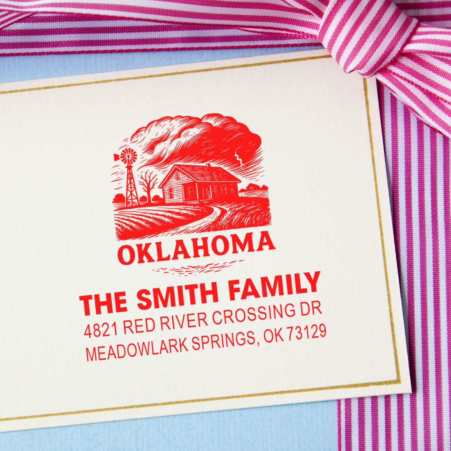 Custom Oklahoma return address rubber stamp for The Smith Family on personalized stationery