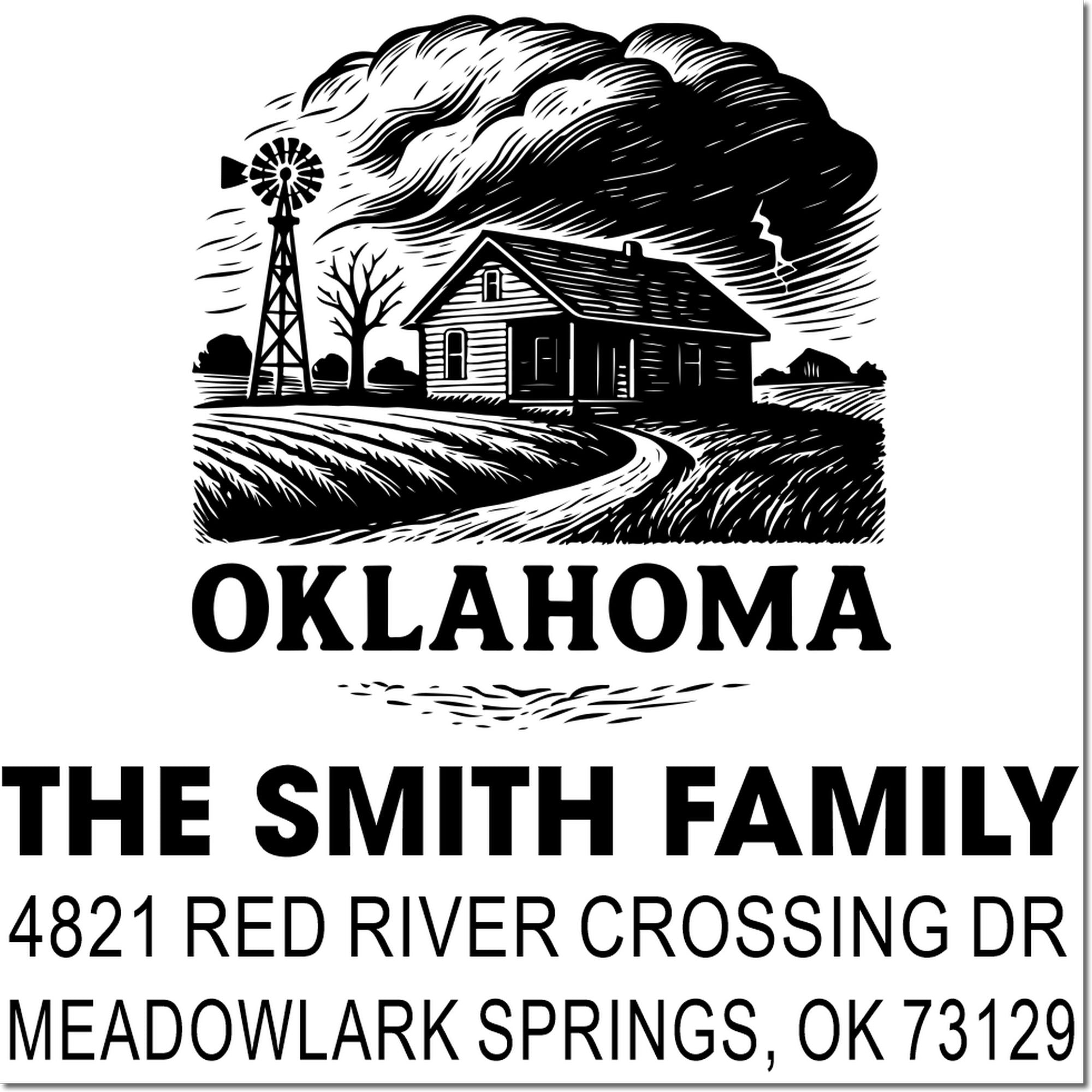 Custom Smith family Oklahoma return address rubber stamp with farmhouse and windmill design.