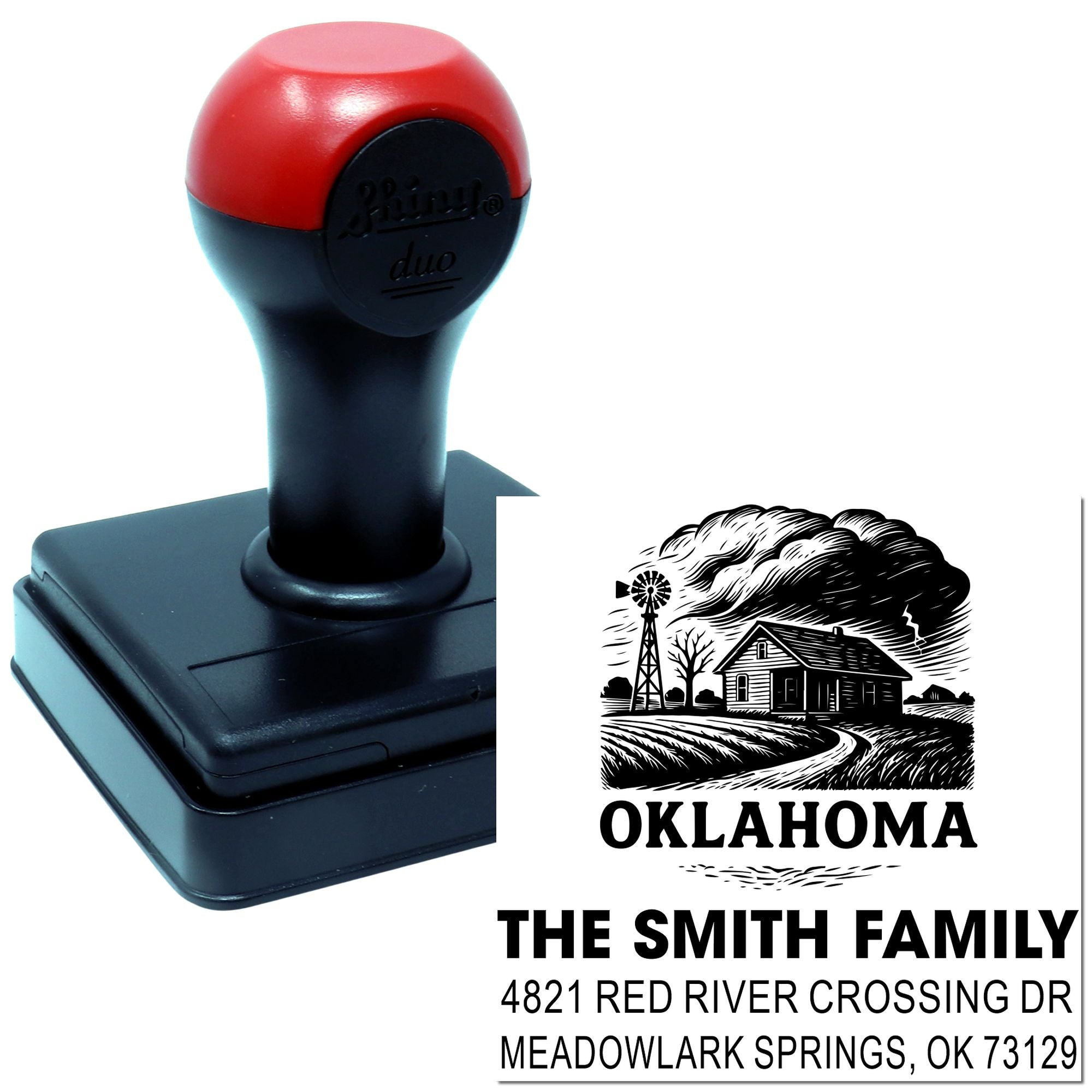 Custom self-inking rubber address stamp with Oklahoma farm design for The Smith Family, featuring name and mailing address.