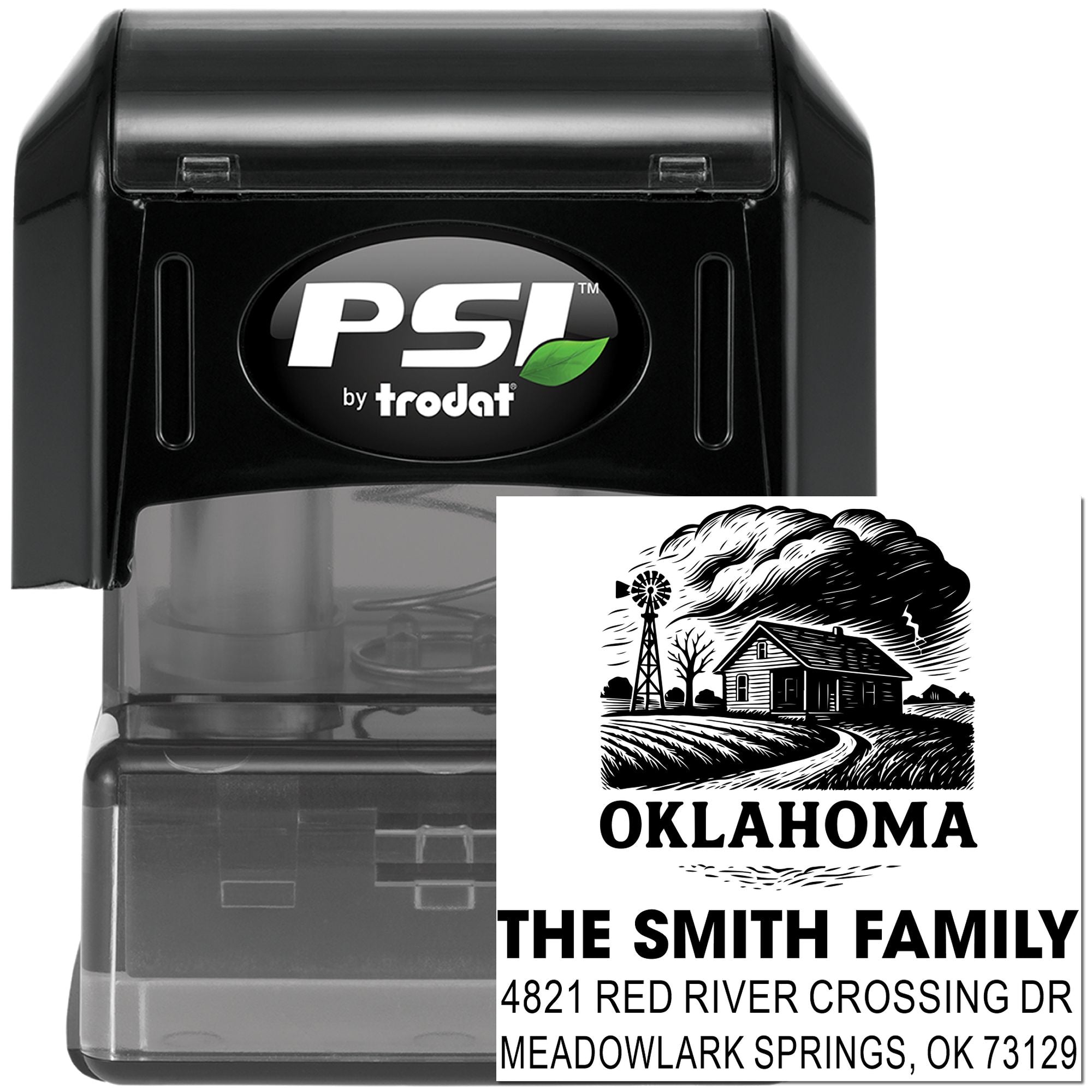 PSI by Trodat personalized self-inking rubber stamp with Oklahoma family return address imprint.