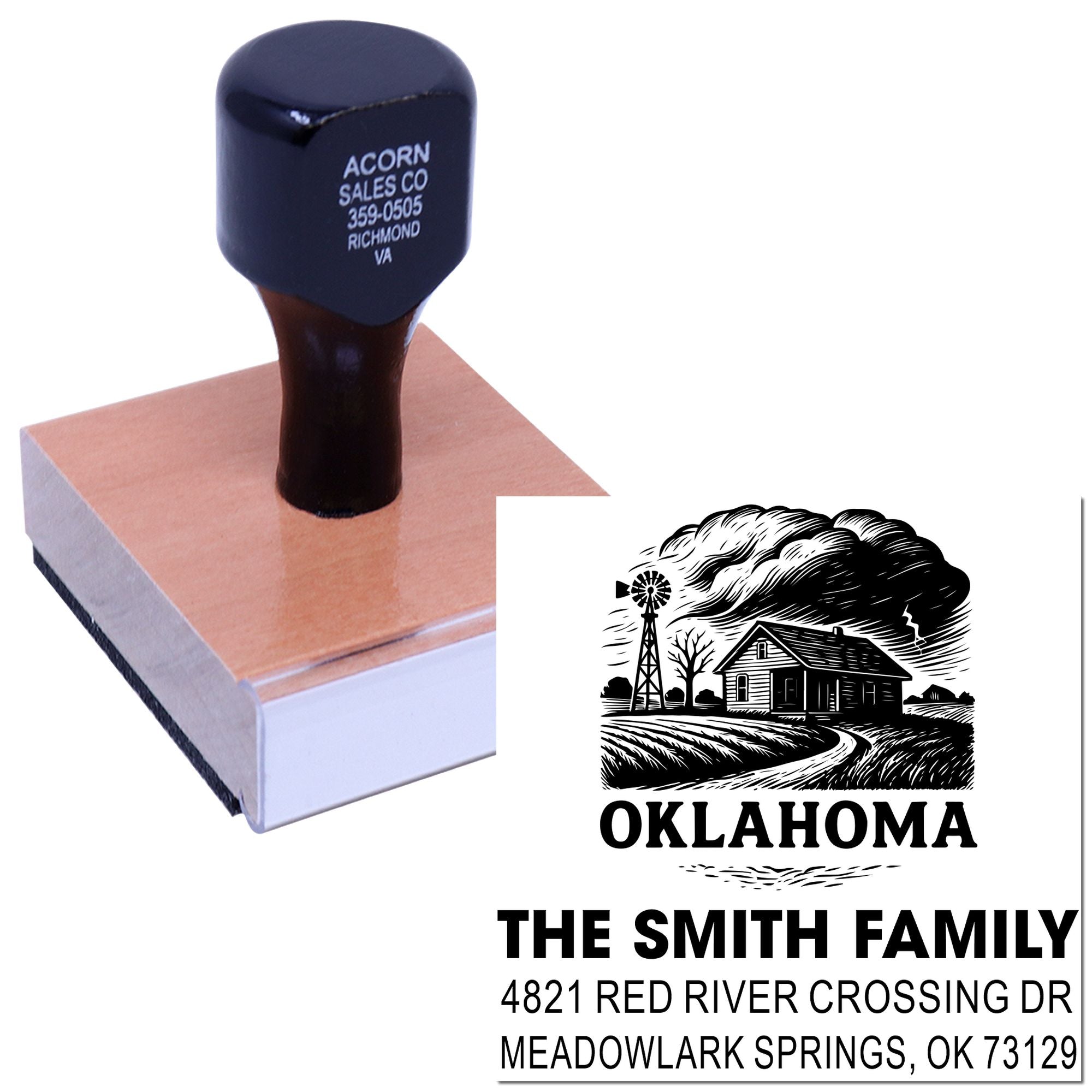 Custom rubber stamp for Oklahoma family address stamp with state design and return address imprint.