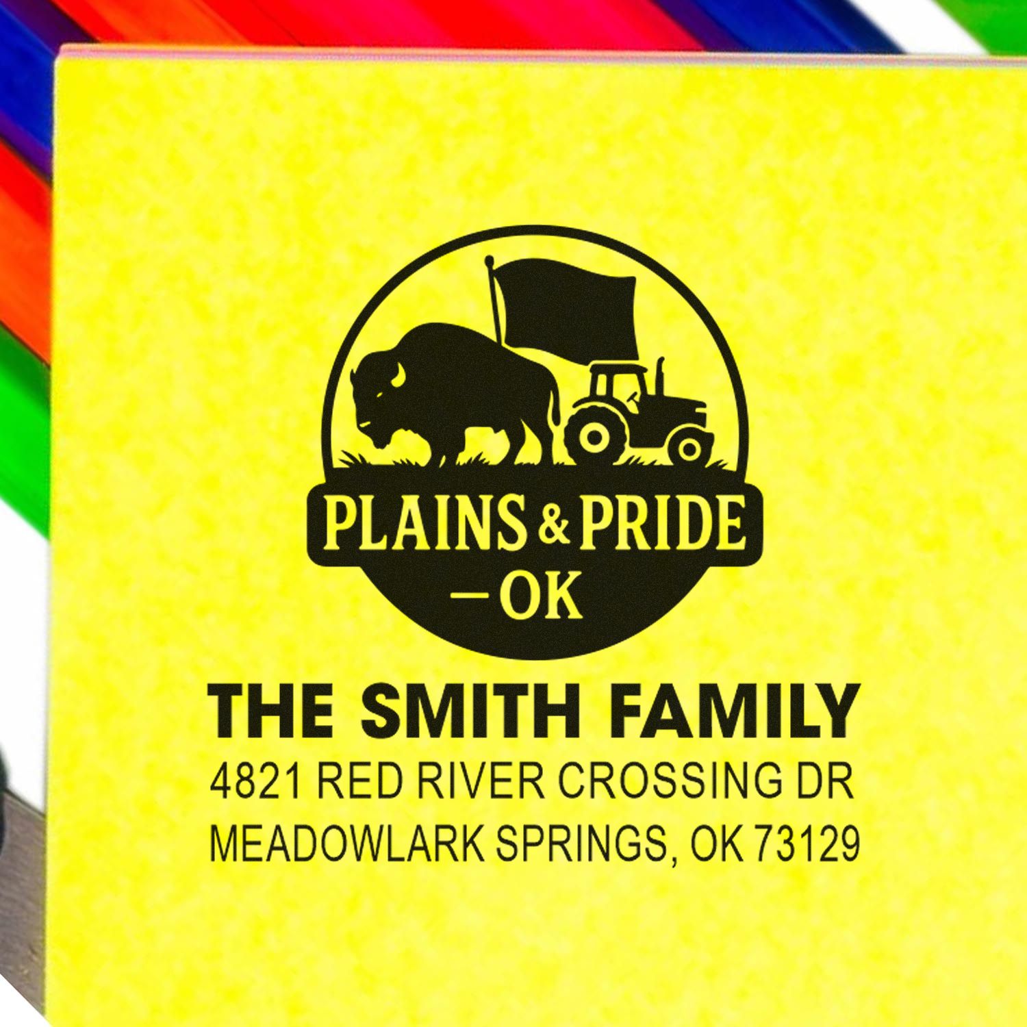 Custom Plains & Pride OK family address rubber stamp with bison and tractor logo for The Smith Family in Meadowlark Springs, OK.