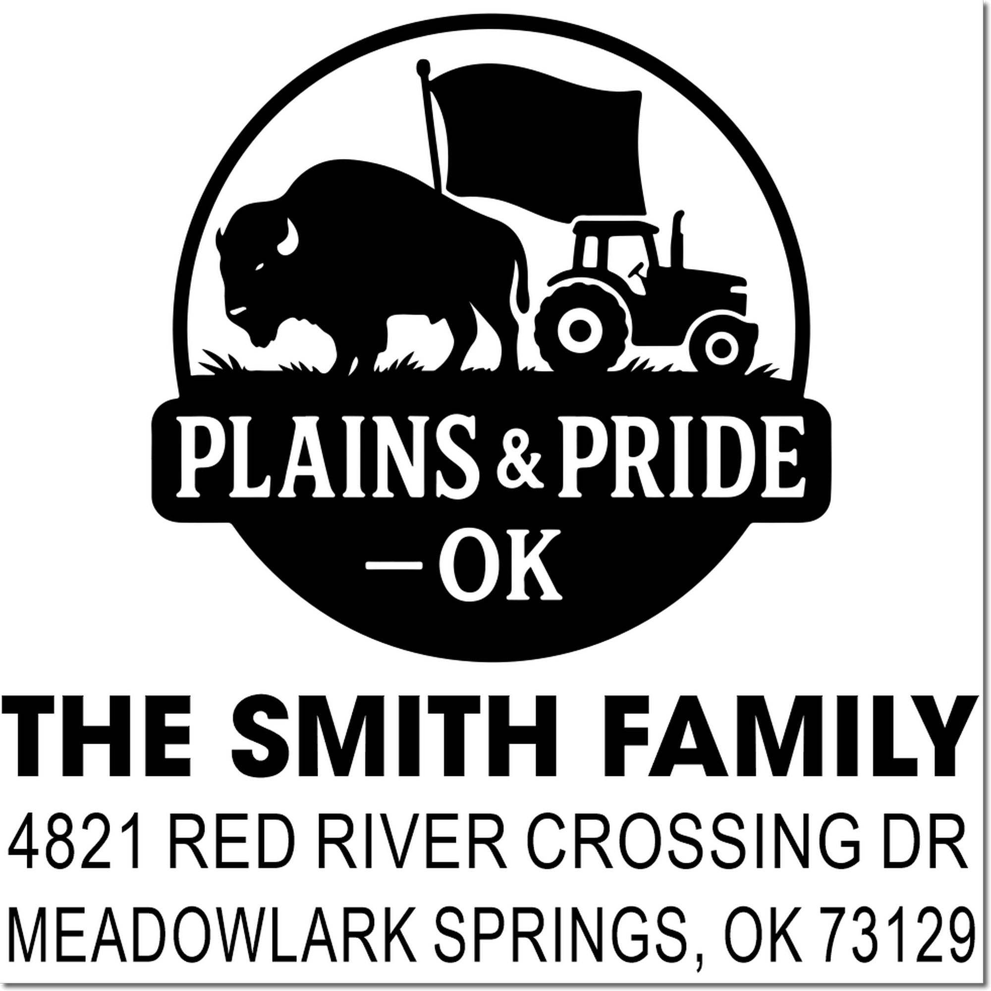 Custom farm rubber stamp with buffalo and tractor, Plains & Pride OK, The Smith Family, Meadowlark Springs address.