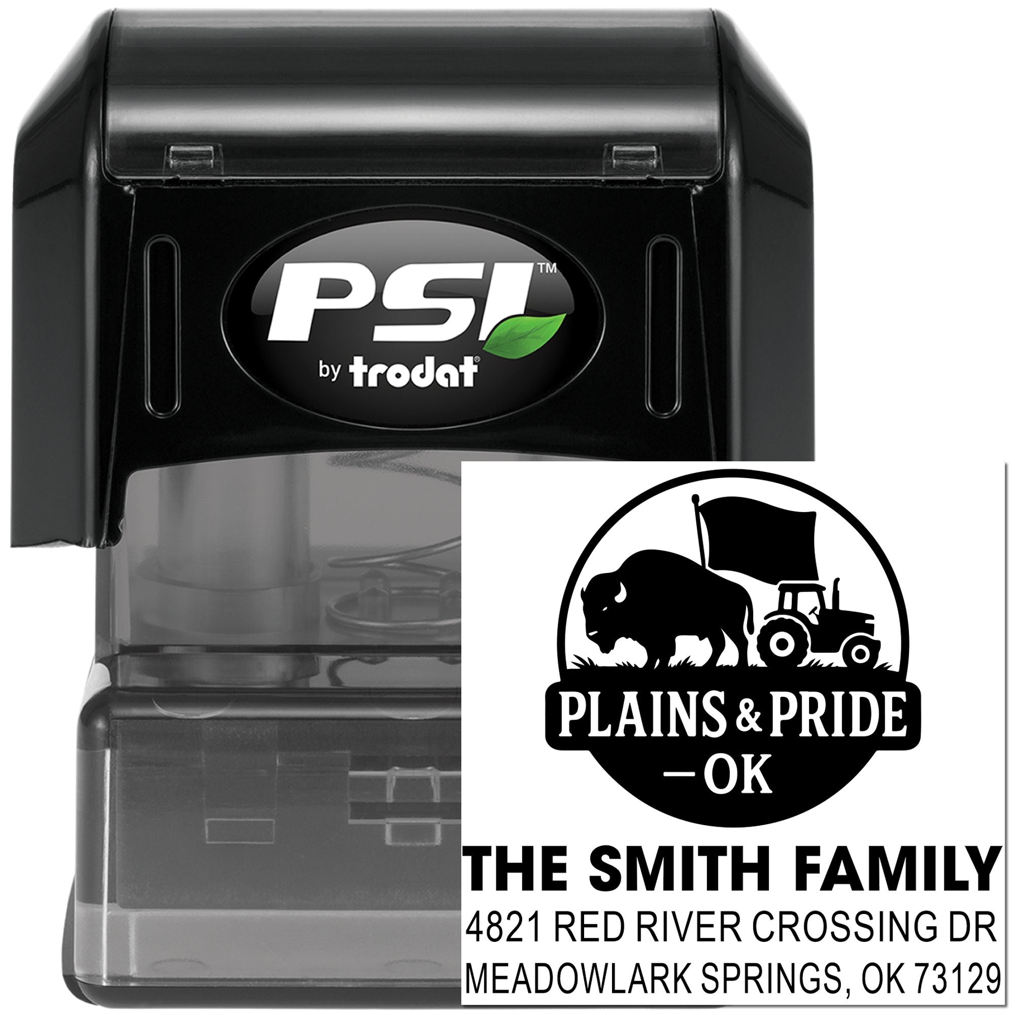 Custom PSI by Trodat self-inking rubber address stamp with Plains & Pride OK family return address and farm logo.