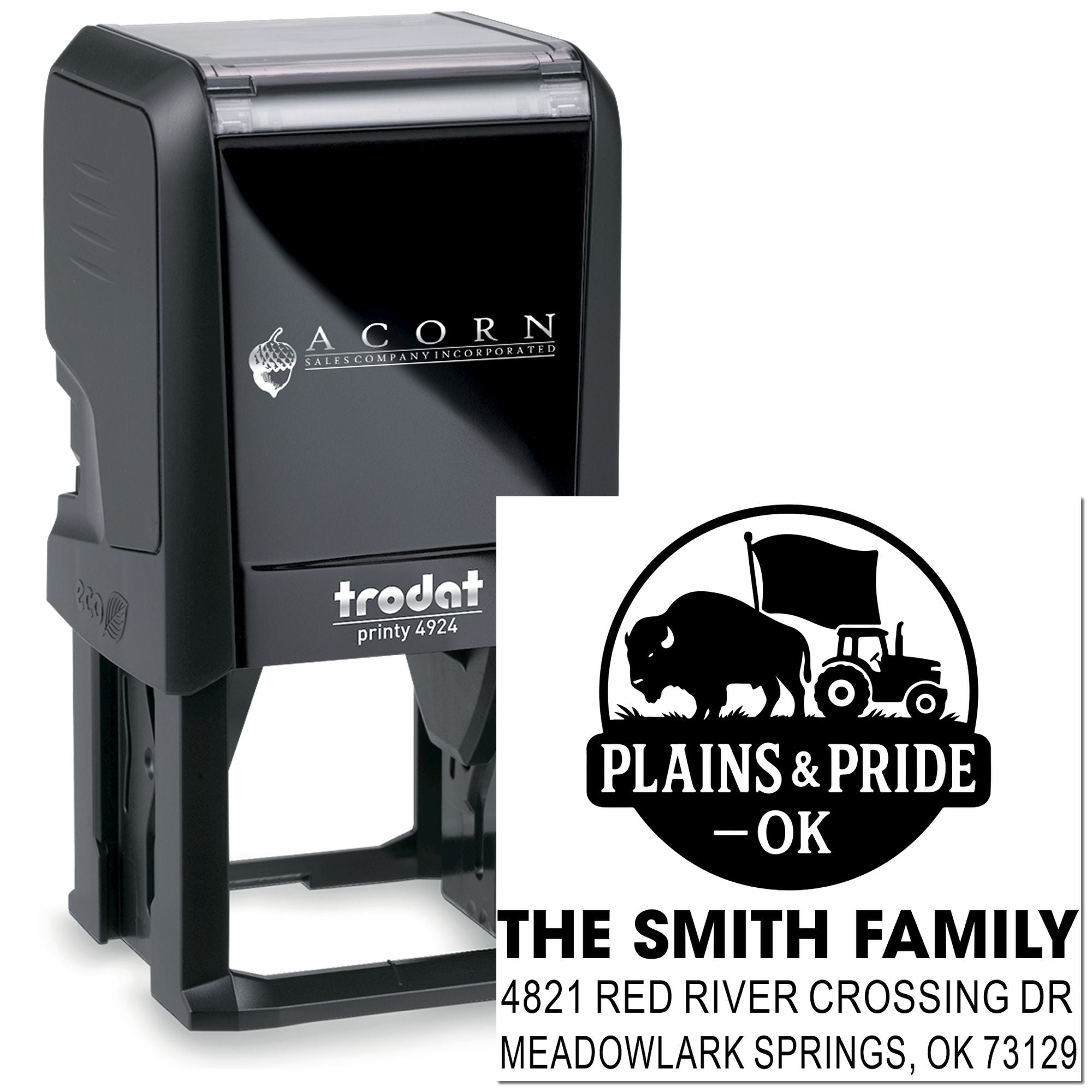 Custom self-inking rubber address stamp with farm logo and Smith family return address, Meadowlark Springs, OK.