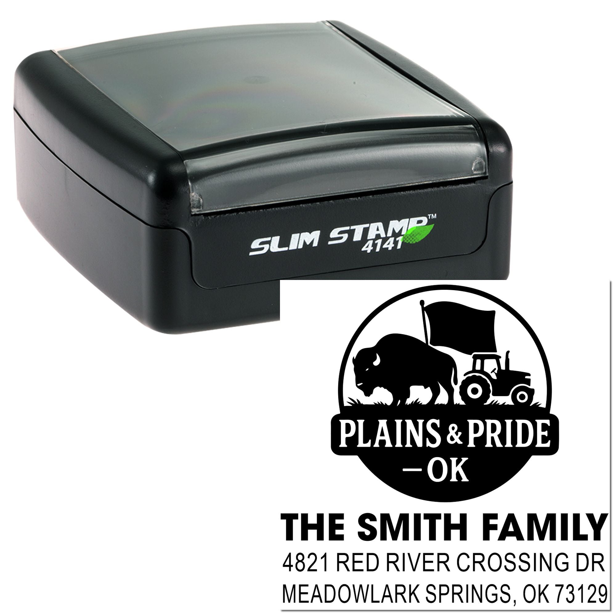 Slim Stamp 4141 self-inking custom rubber stamp with Plains & Pride OK family address imprint for The Smith Family.