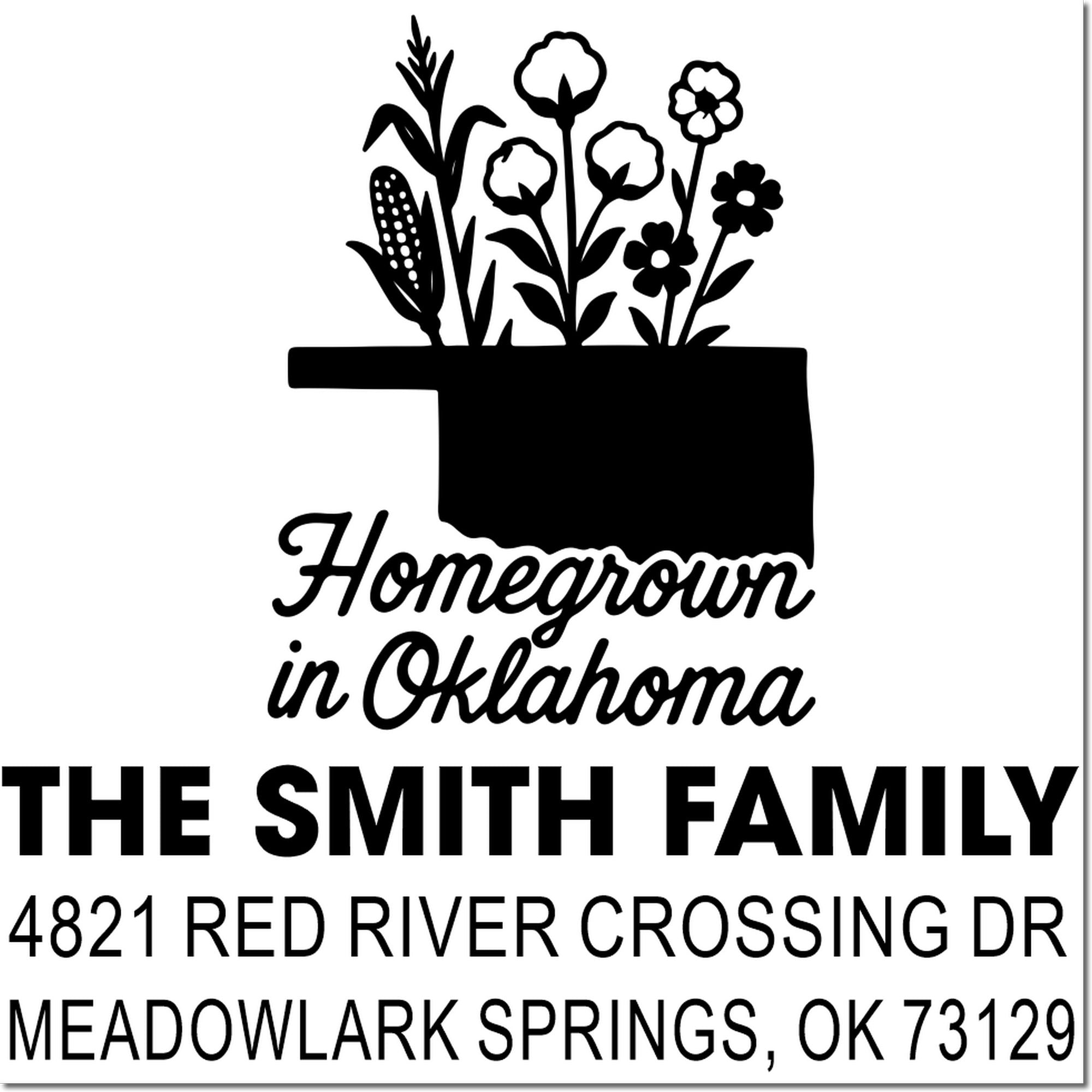 Personalized return address rubber stamp with Oklahoma homegrown design, family name, and address.