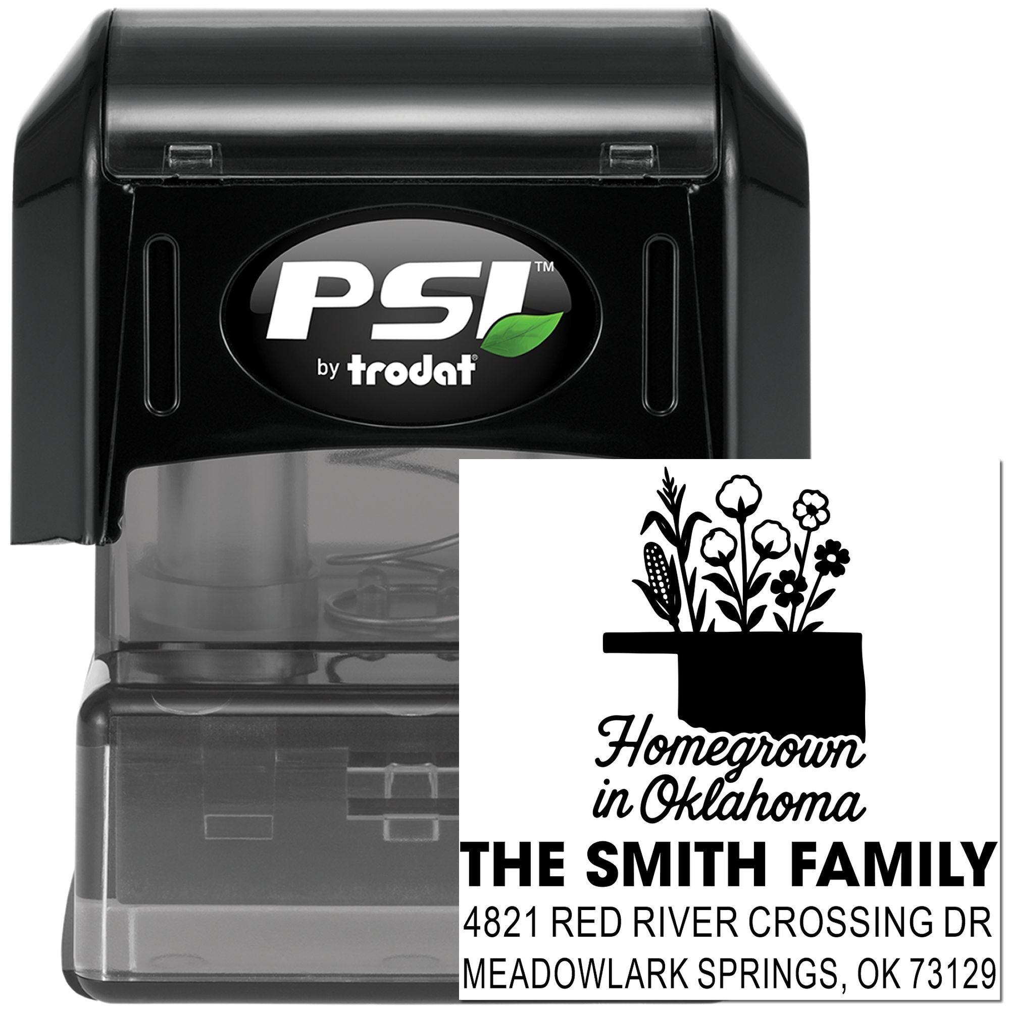 Custom self-inking rubber address stamp with family name and Homegrown in Oklahoma design for personalized mailings.
