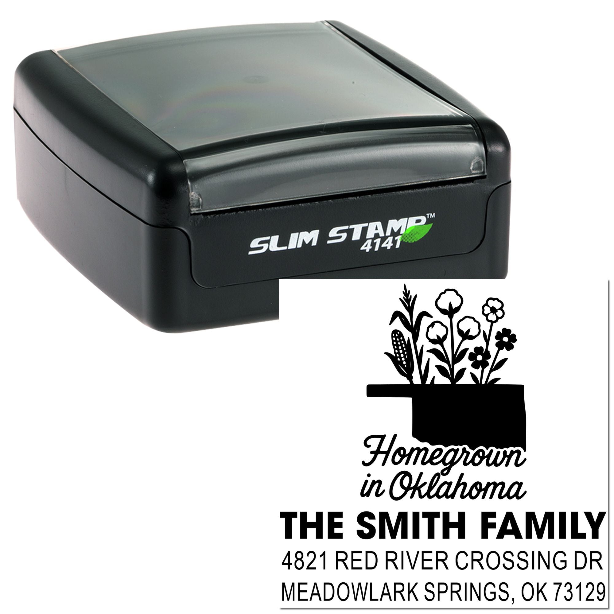 Slim Stamp 4141 self-inking rubber stamp for custom Oklahoma return address labels and family name imprint.