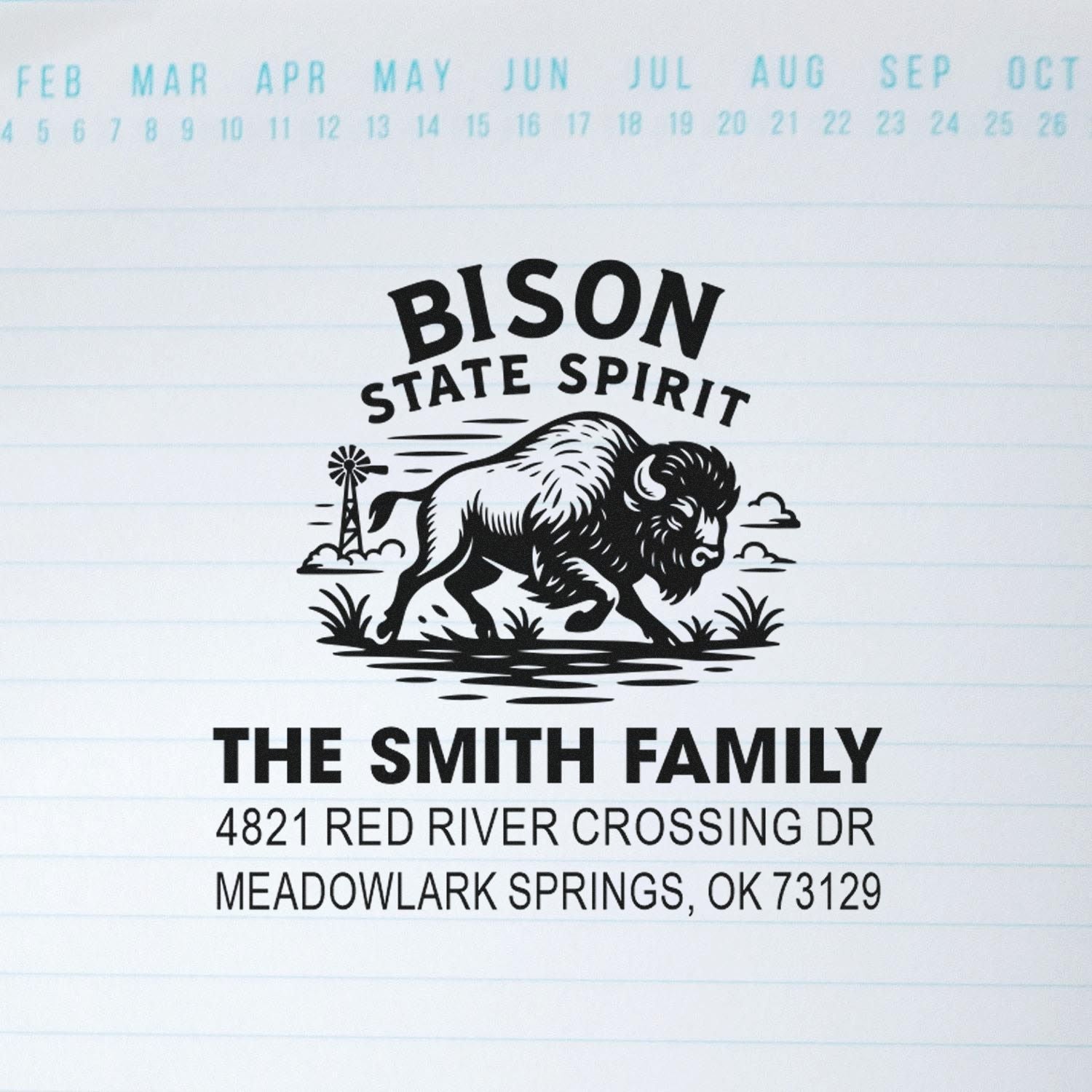Custom bison return address rubber stamp with Bison State Spirit design, Smith family name, and Oklahoma mailing address.