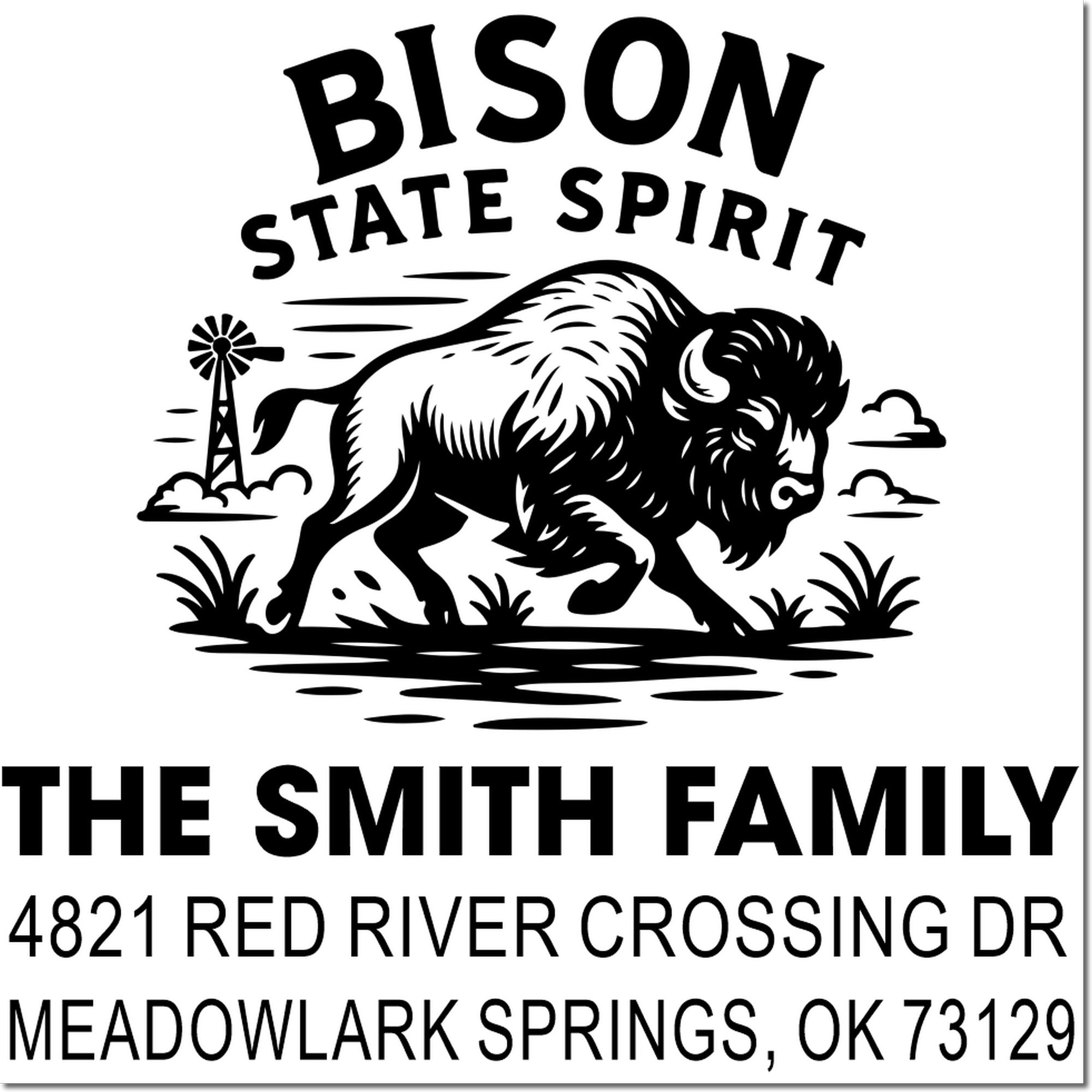 Custom bison family return address rubber stamp for The Smith Family, Meadowlark Springs, OK 73129 with Bison State Spirit design