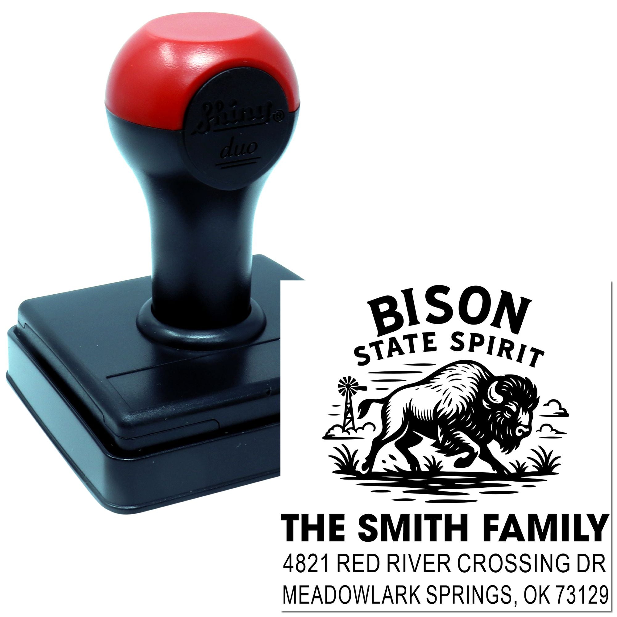 Custom self-inking rubber address stamp with bison design for personalized family mail and stationery.