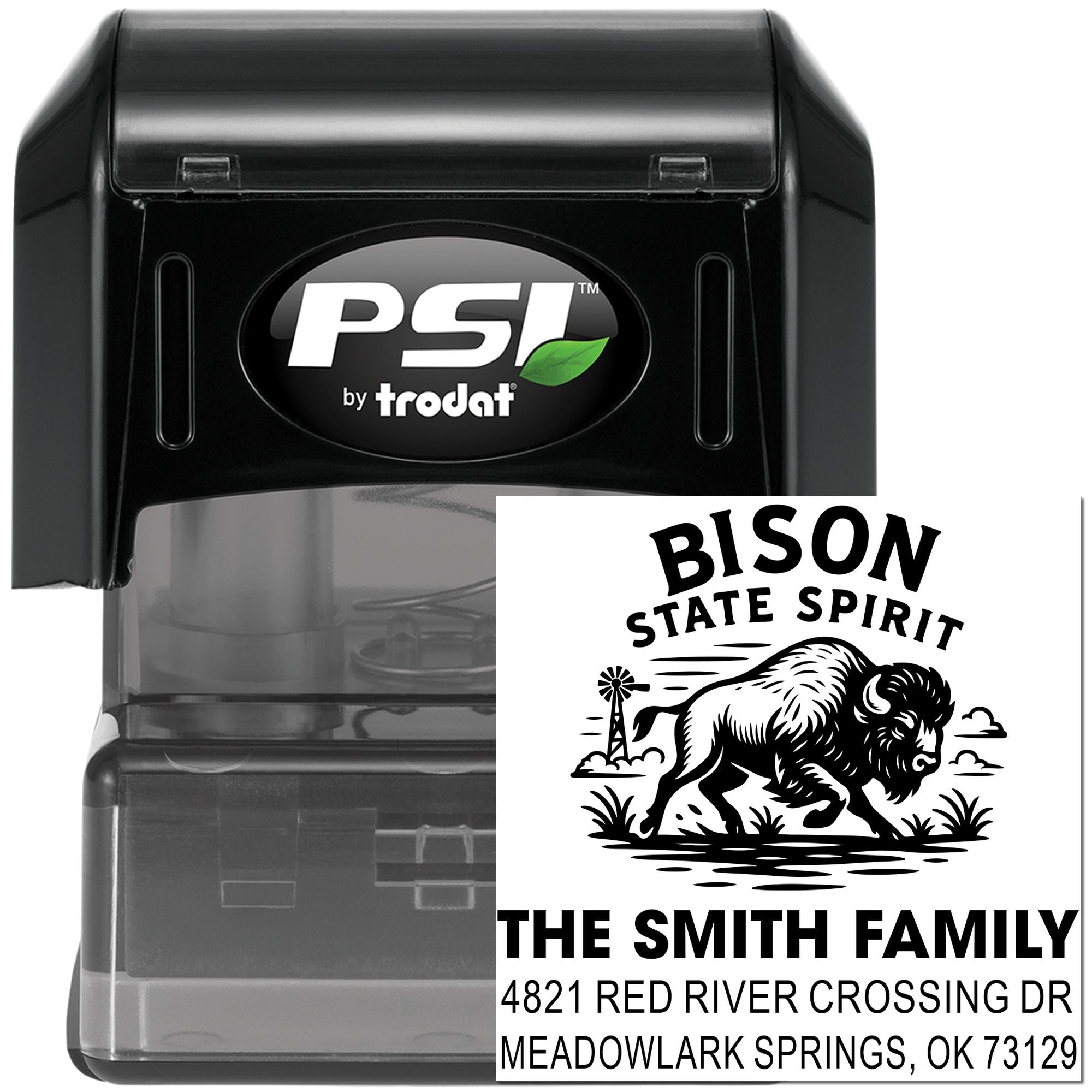 Personalized self-inking rubber stamp by PSI Trodat with bison design, Smith family name, and address.