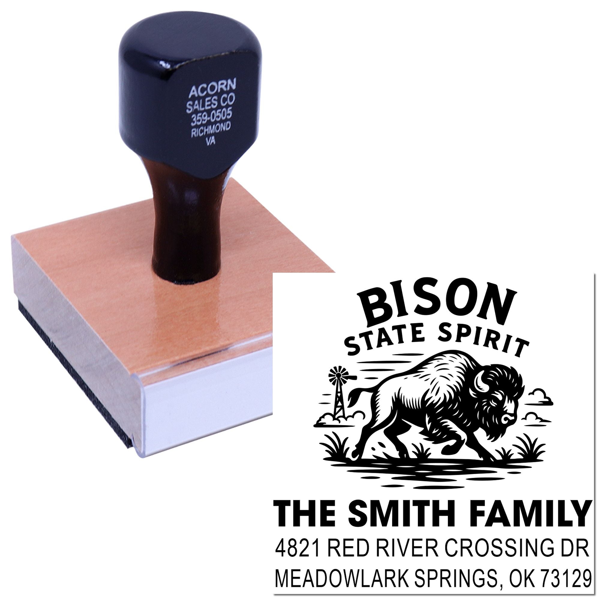 Custom rubber stamp with bison family address design, showing the stamp and printed impression.