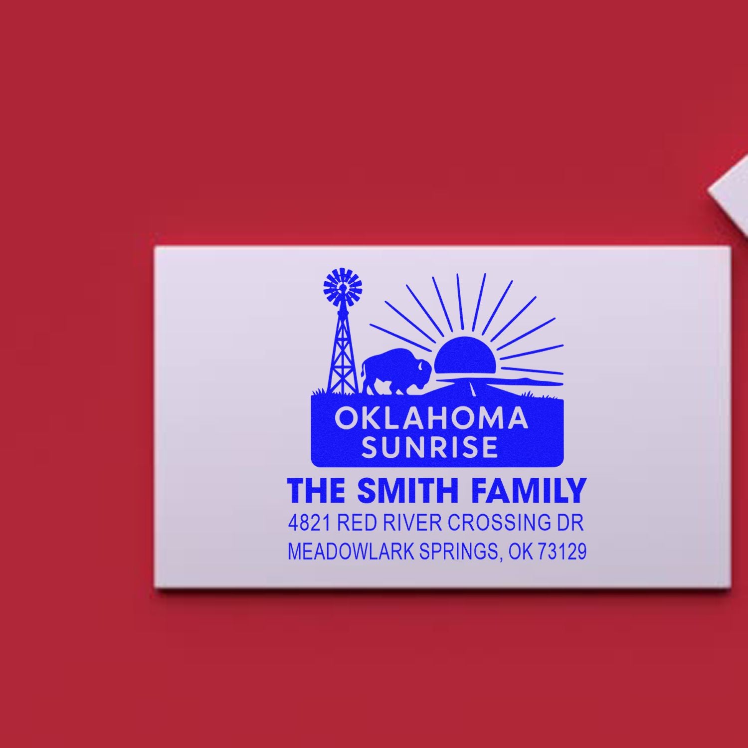 Personalized Oklahoma Sunrise return address rubber stamp for The Smith Family with windmill, bison and sunrise logo.