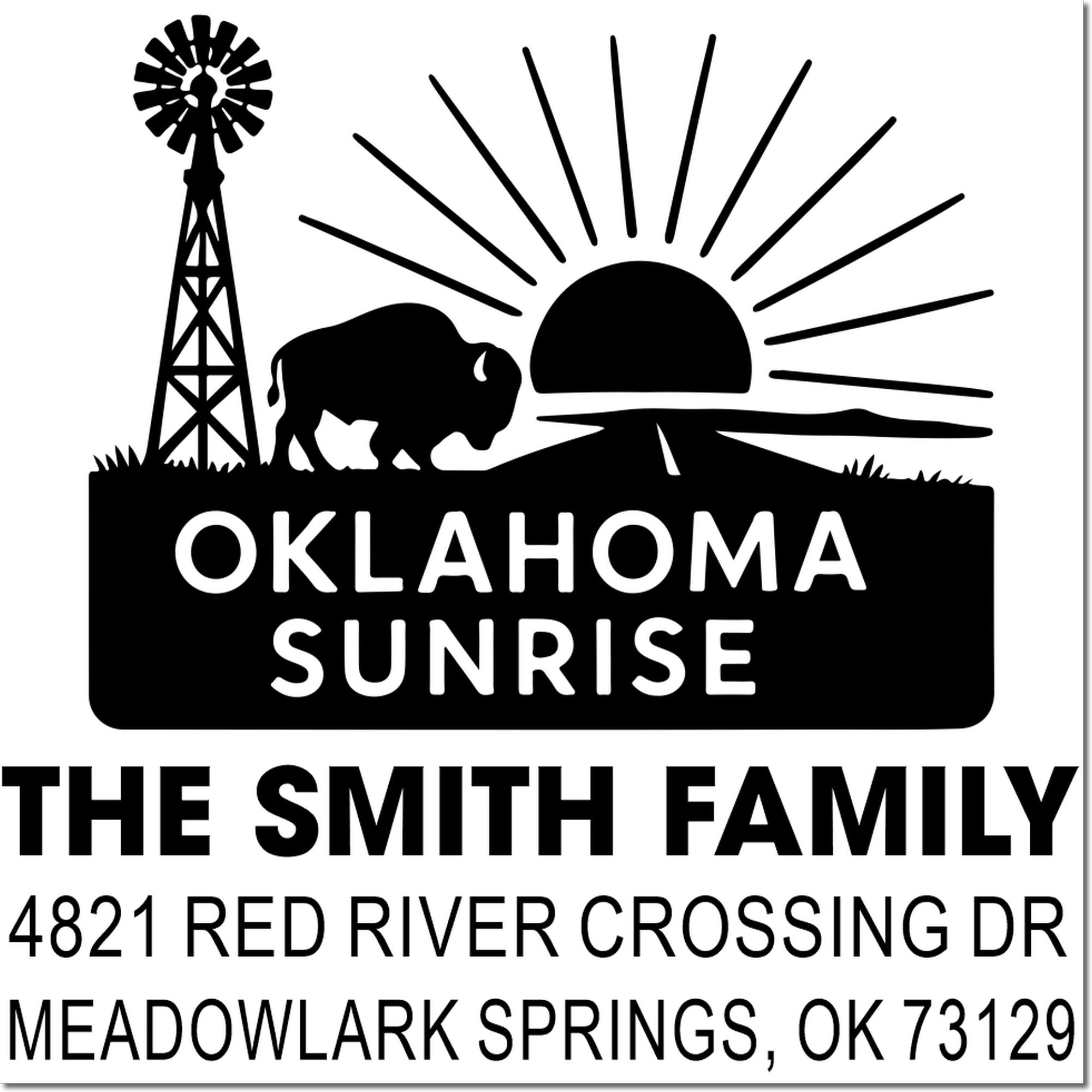 Custom Oklahoma Sunrise family address rubber stamp with windmill, bison, and personalized return address