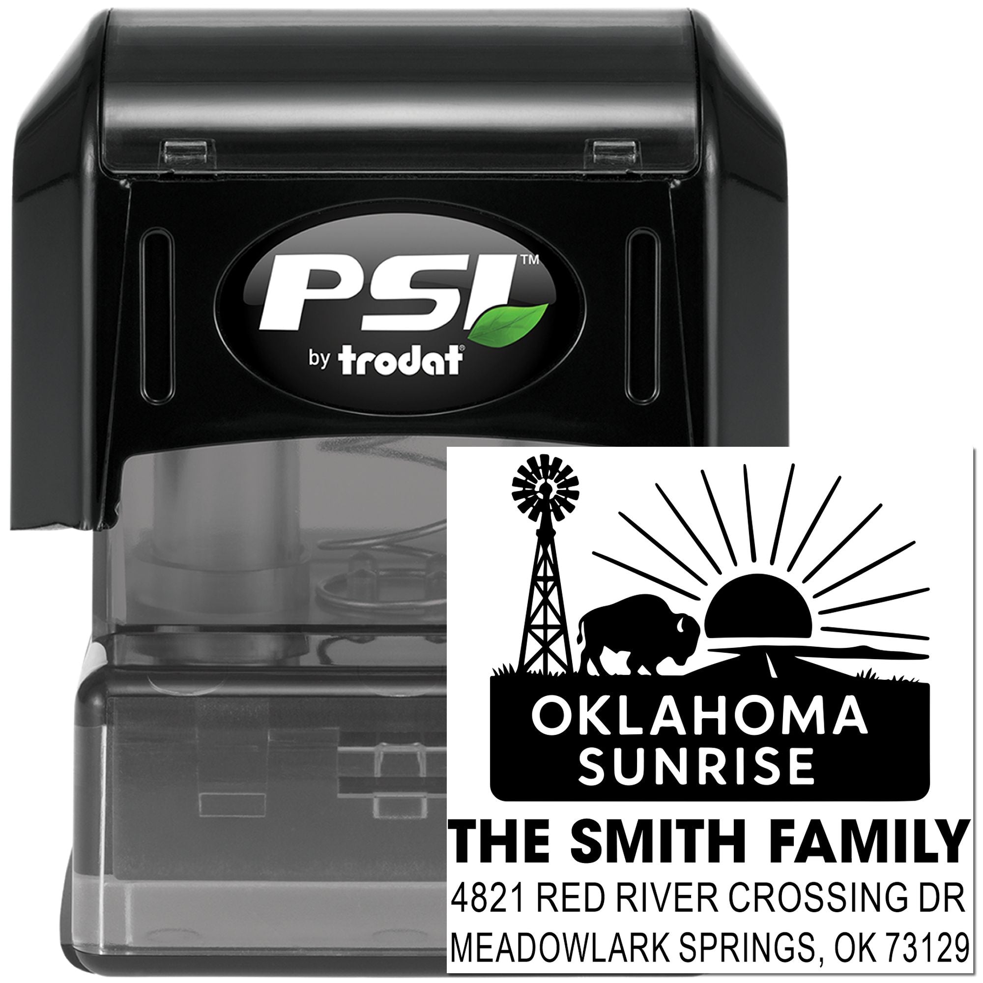 Custom self-inking rubber stamp by PSI Trodat with Oklahoma Sunrise family return address design for mailing and branding
