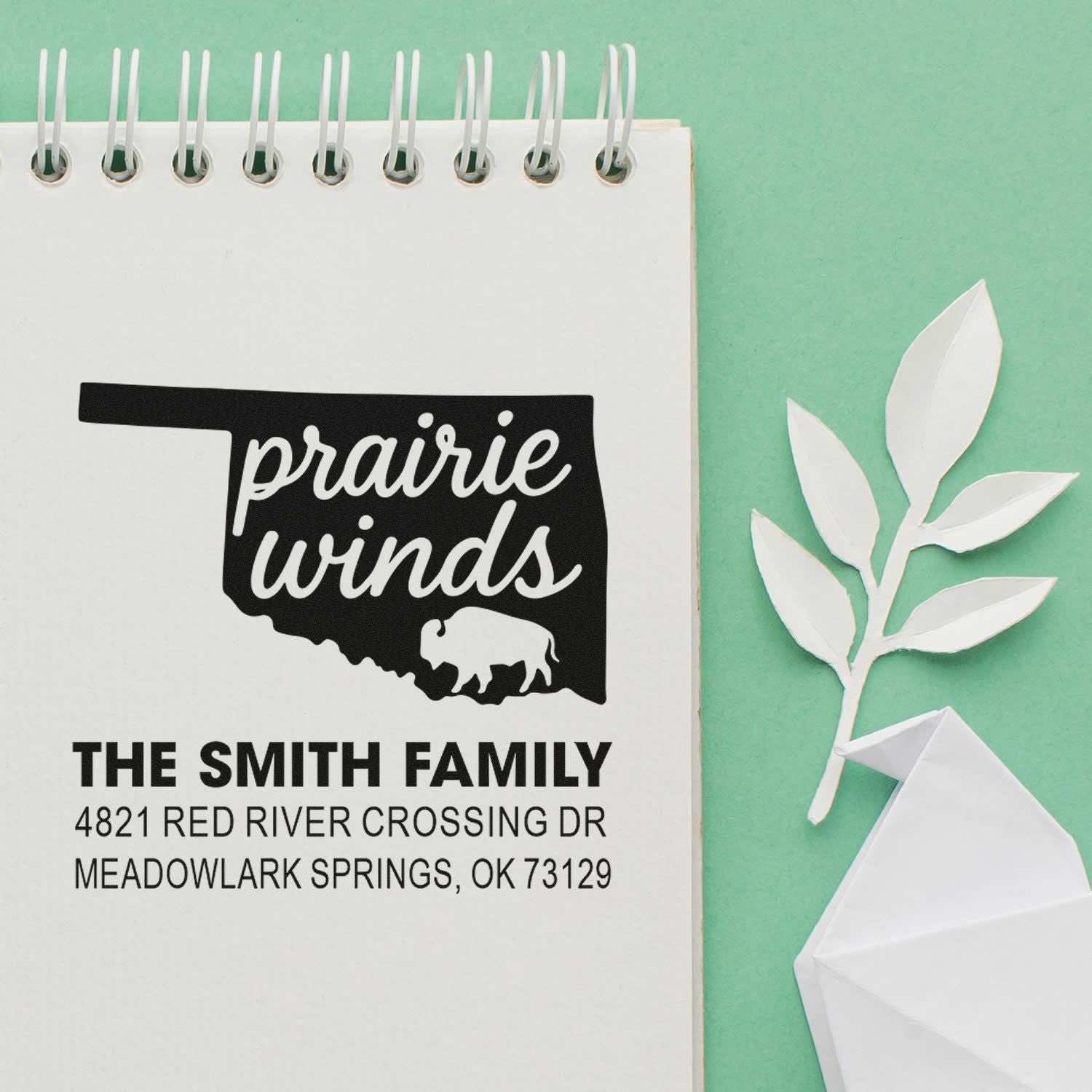 Personalized rubber address stamp with Oklahoma prairie winds design for The Smith Family return address.