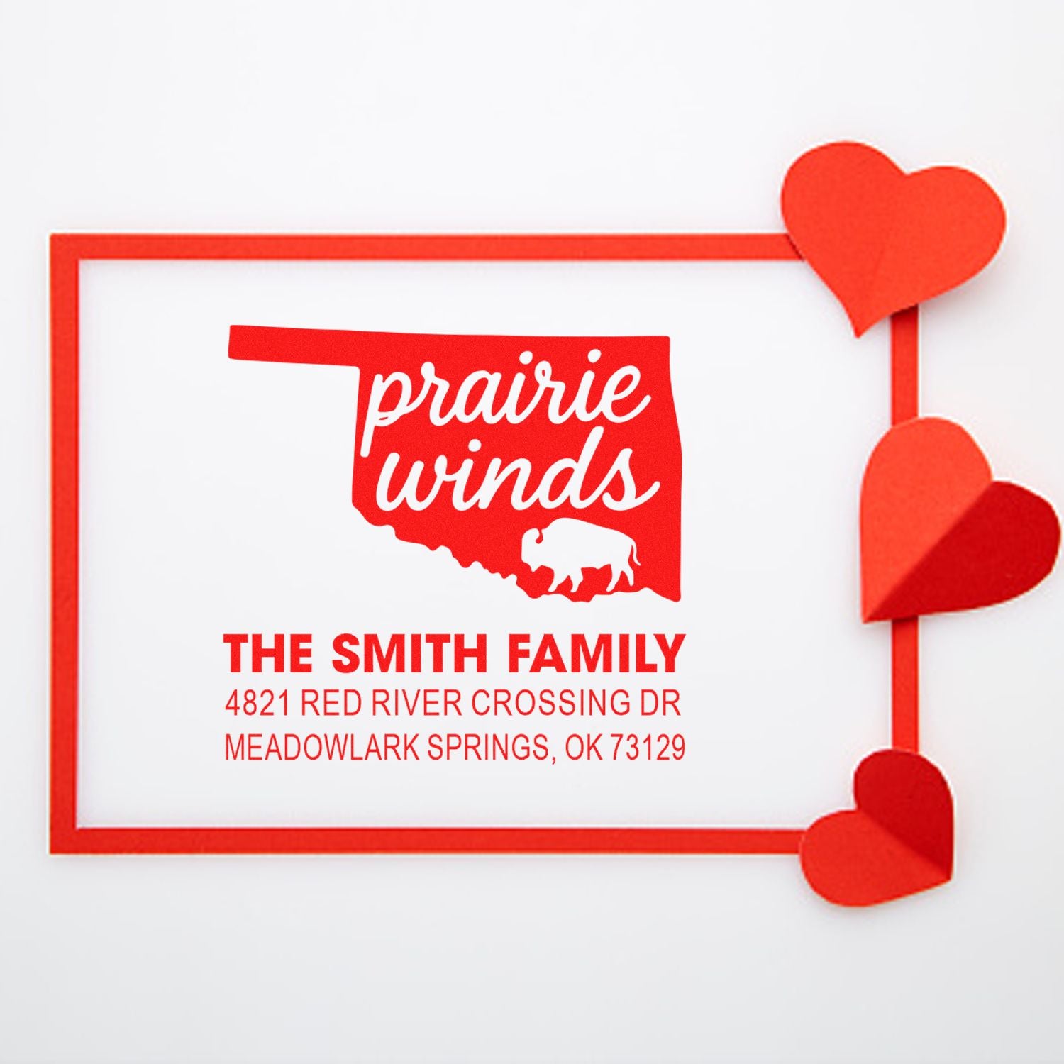 Custom return address rubber stamp for The Smith Family with Oklahoma silhouette, Prairie Winds design and heart accents.