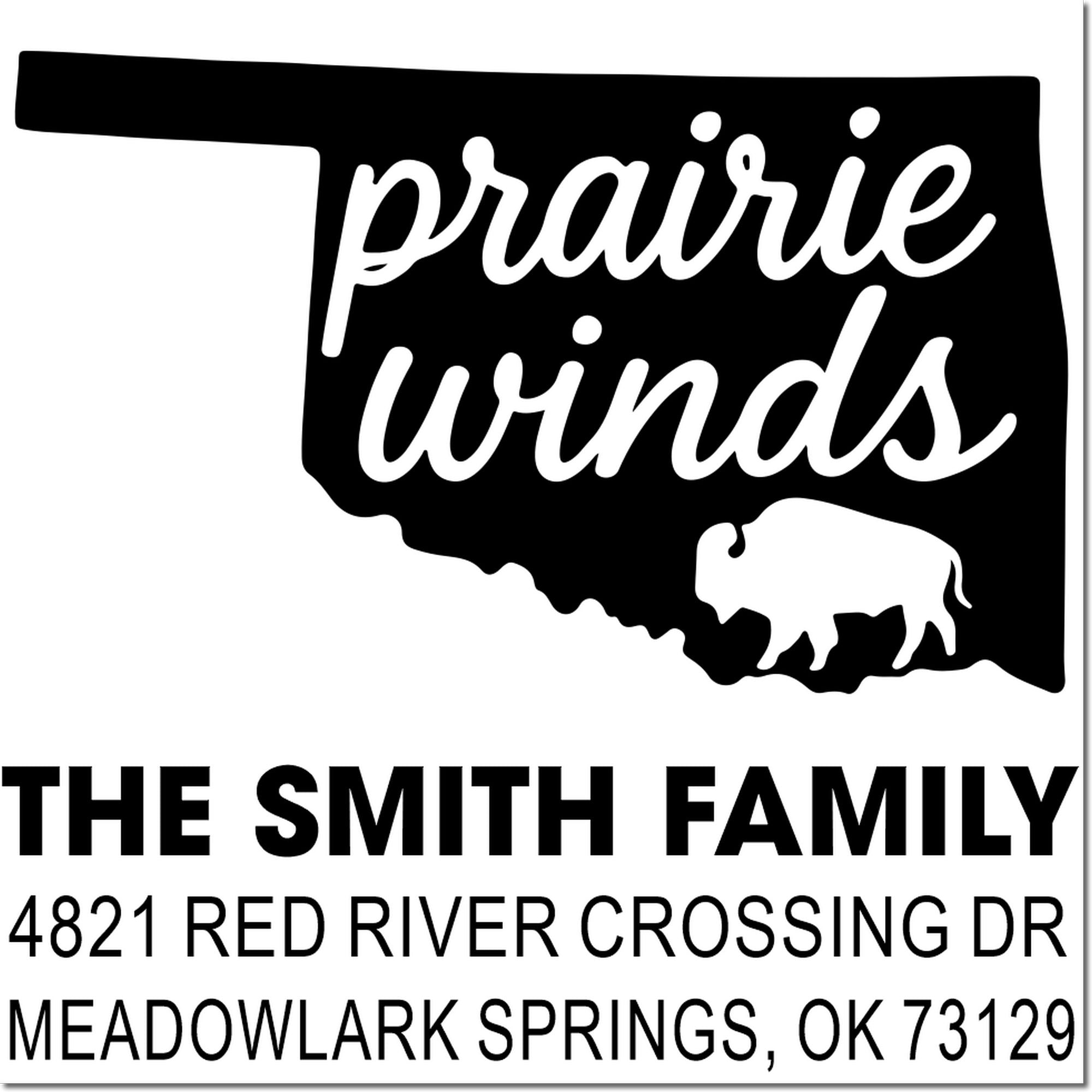 Custom Oklahoma family return address rubber stamp with prairie winds, bison, and The Smith Family address.