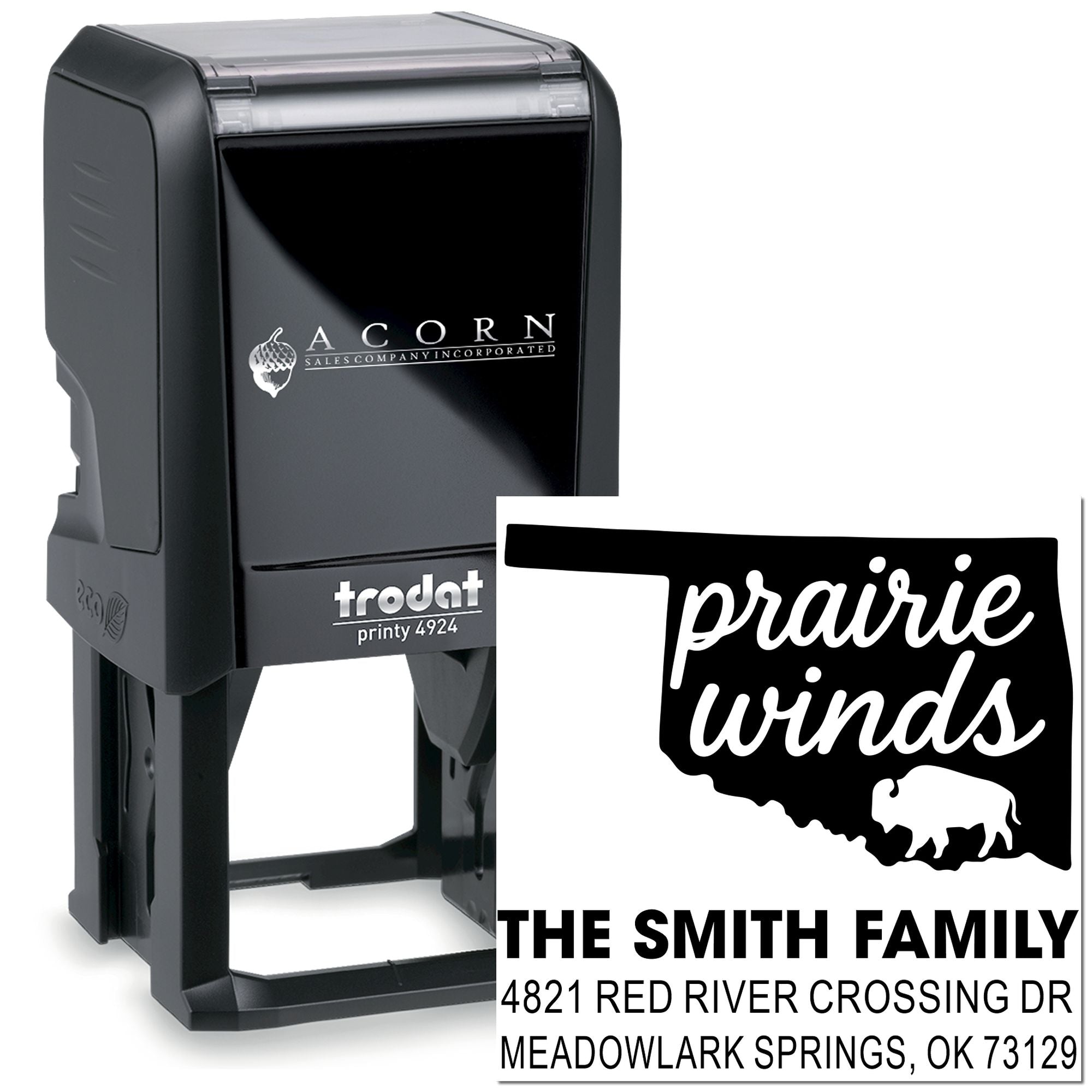 Trodat Printy 4924 custom self-inking address rubber stamp with Prairie Winds design for The Smith Family return address.