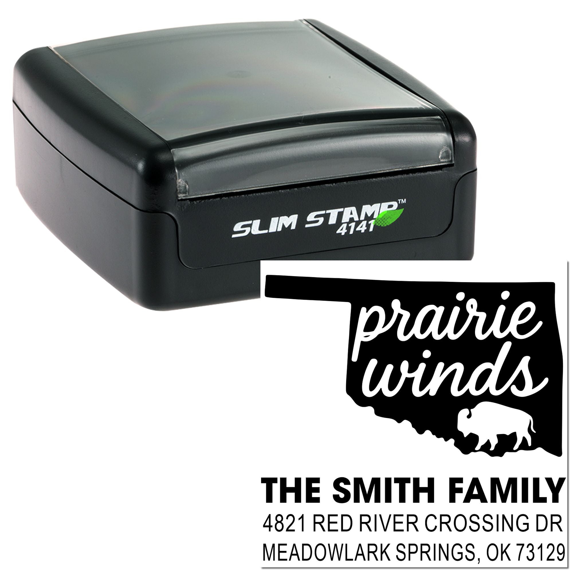 Custom Slim Stamp 4141 return address rubber stamp for The Smith Family, featuring Prairie Winds design and Oklahoma address.