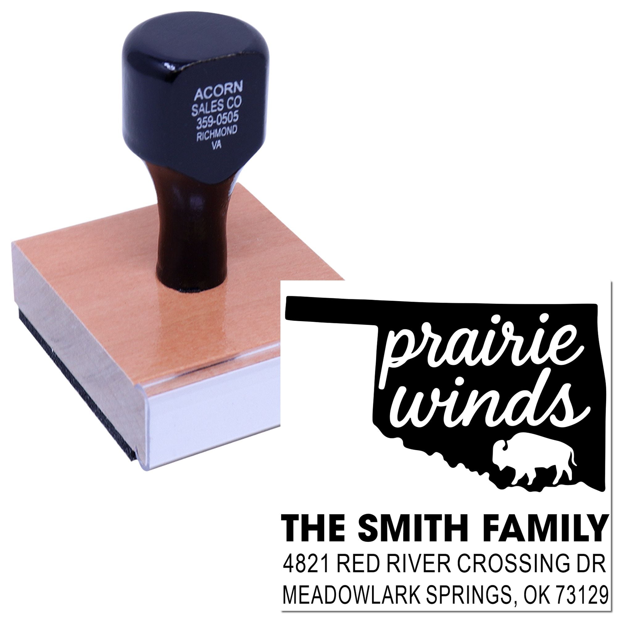 Custom rubber return address stamp with Prairie Winds Oklahoma state design for family mailing labels.