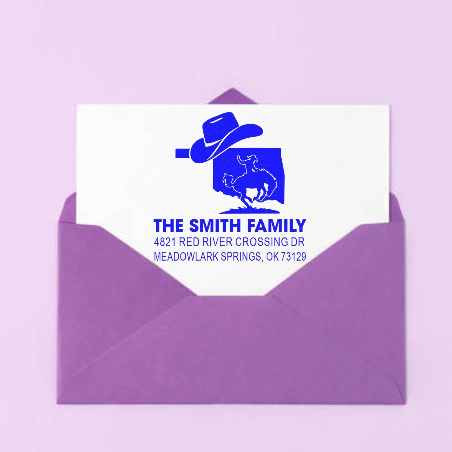 Personalized western return address rubber stamp for The Smith Family with cowboy and horse design