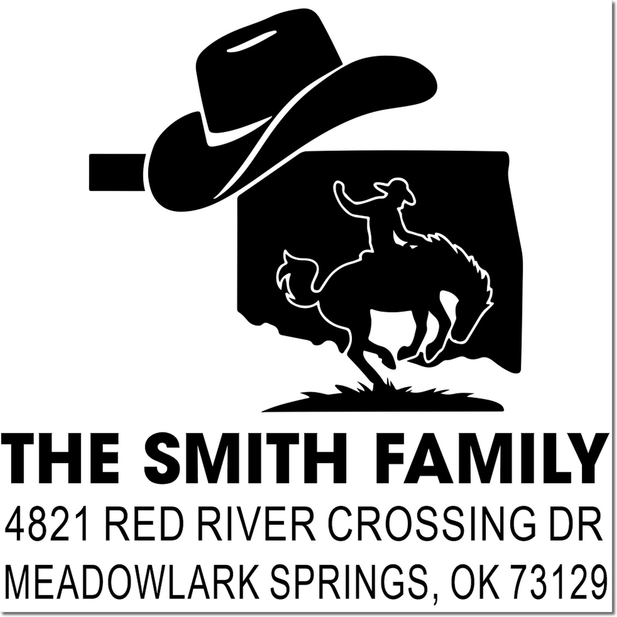Custom rubber address stamp with cowboy hat horse logo, The Smith Family, 4821 Red River Crossing Dr, Meadowlark Springs OK 73129