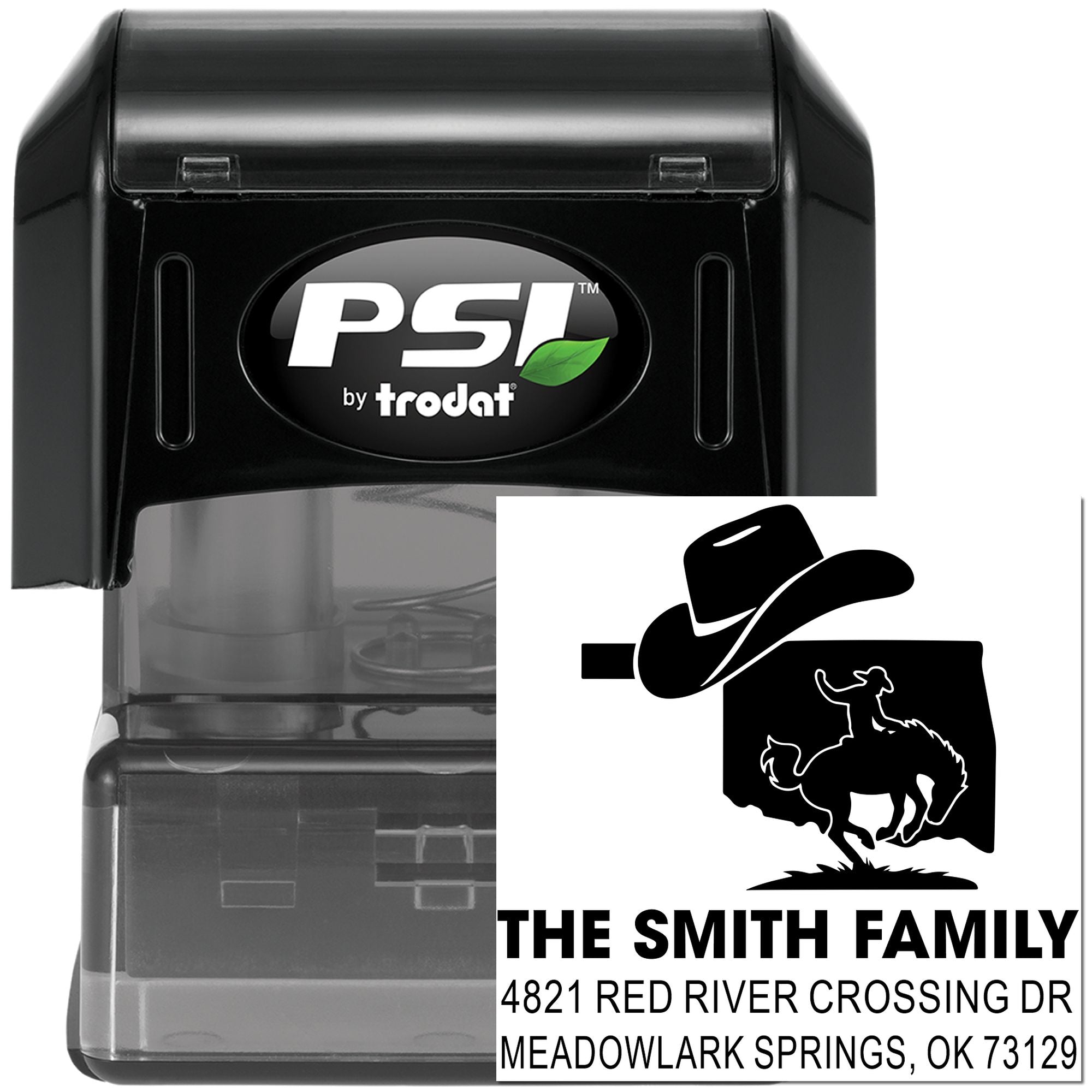 Custom self-inking PSI by Trodat rubber address stamp with western cowboy horse design for The Smith Family return mailings.