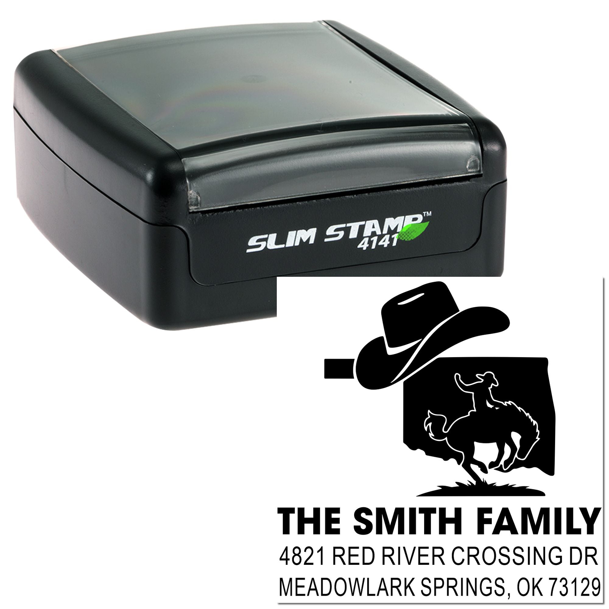 Custom Slim Stamp 4141 self-inking rubber address stamp with cowboy logo and The Smith Family mailing address.
