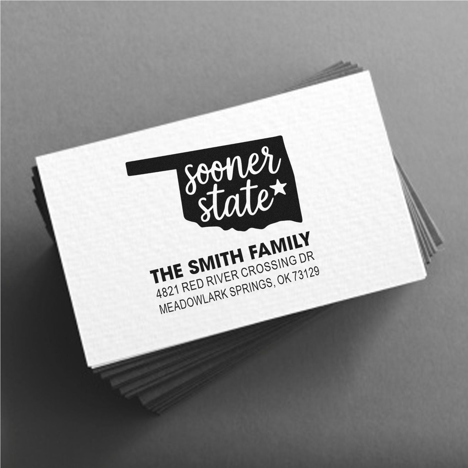 Custom Sooner State return address rubber stamp with family name and address for envelopes and holiday cards