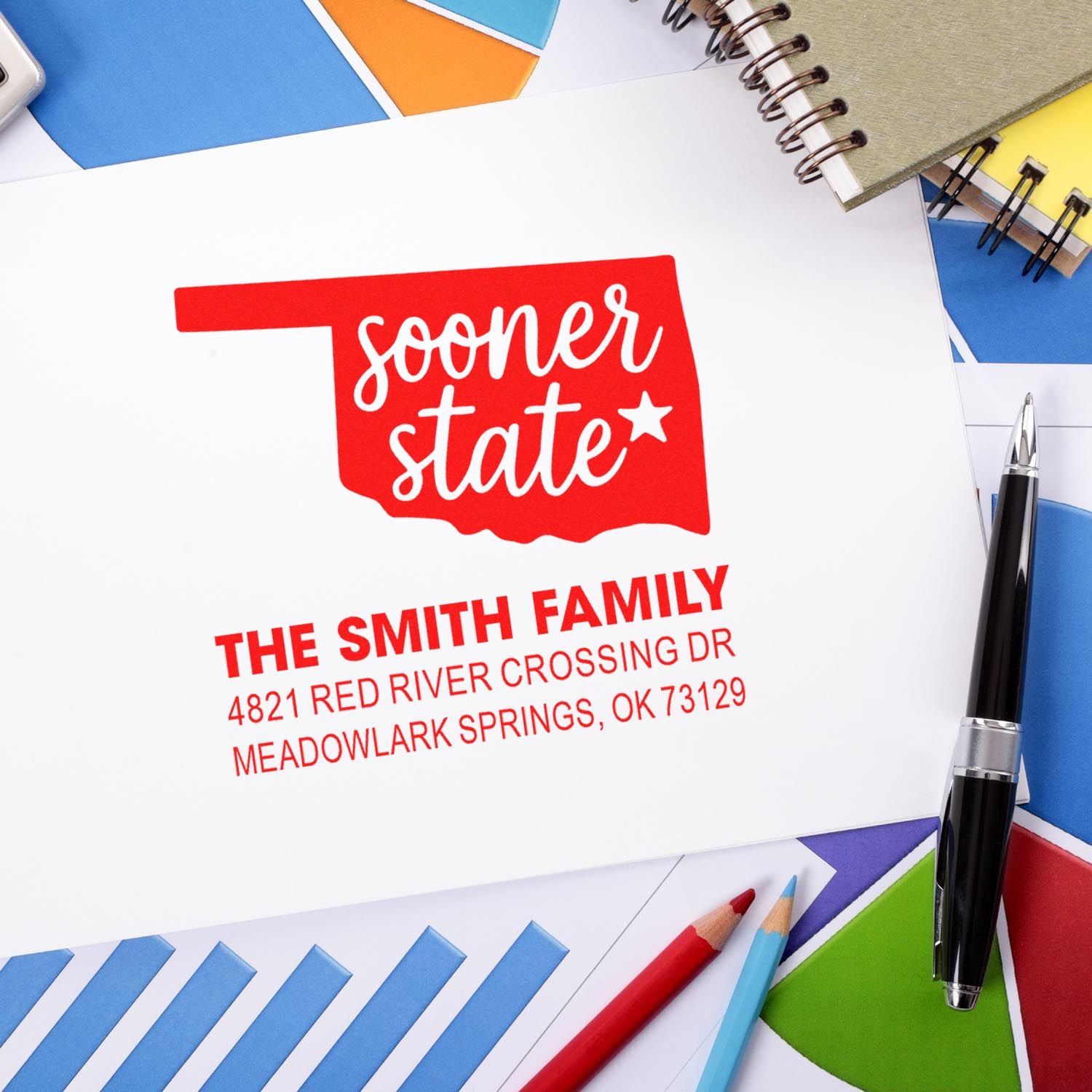 Custom Oklahoma rubber address stamp with Sooner State design for The Smith Family return mail.