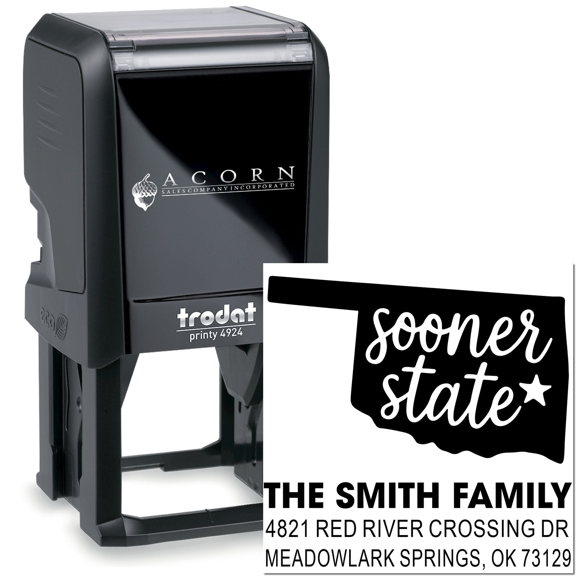 Personalized family address stamp with Oklahoma return address, custom self-inking Trodat Printy 4924.