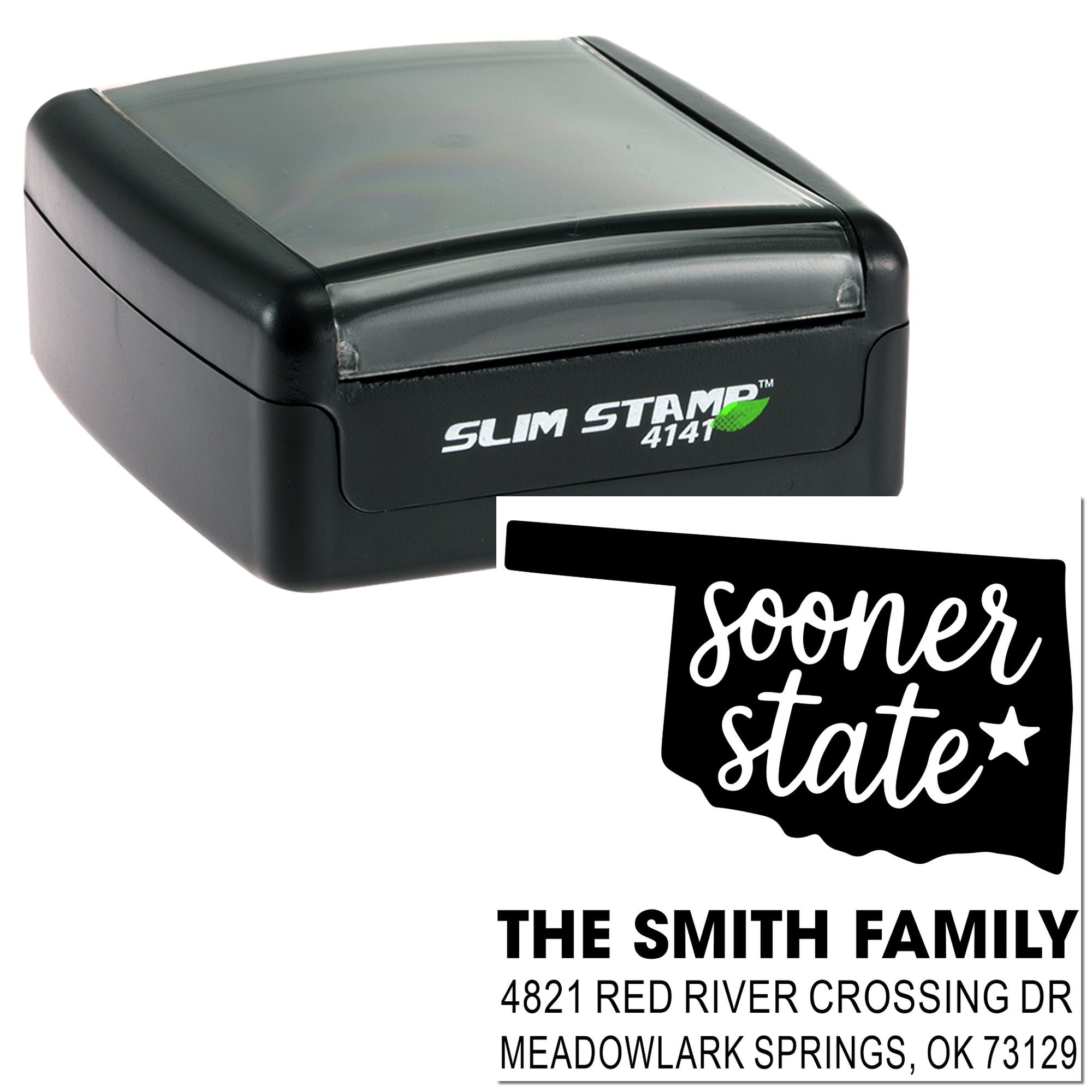 Custom self-inking rubber return address stamp with Oklahoma state design, featuring The Smith Family address impression.