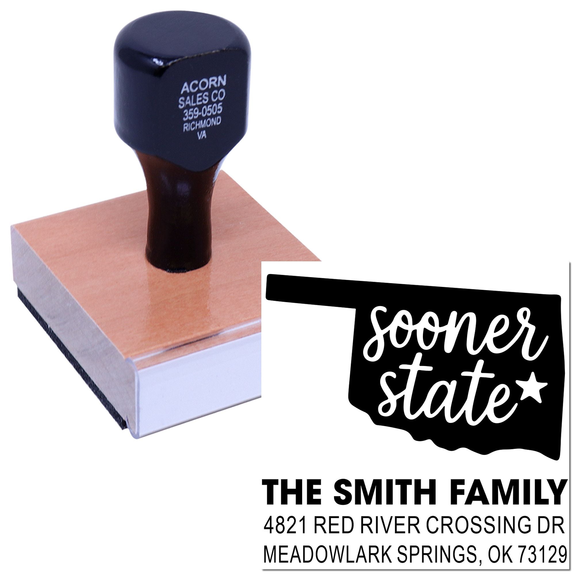 Custom return address rubber stamp with Oklahoma Sooner State design and The Smith Family address imprint.