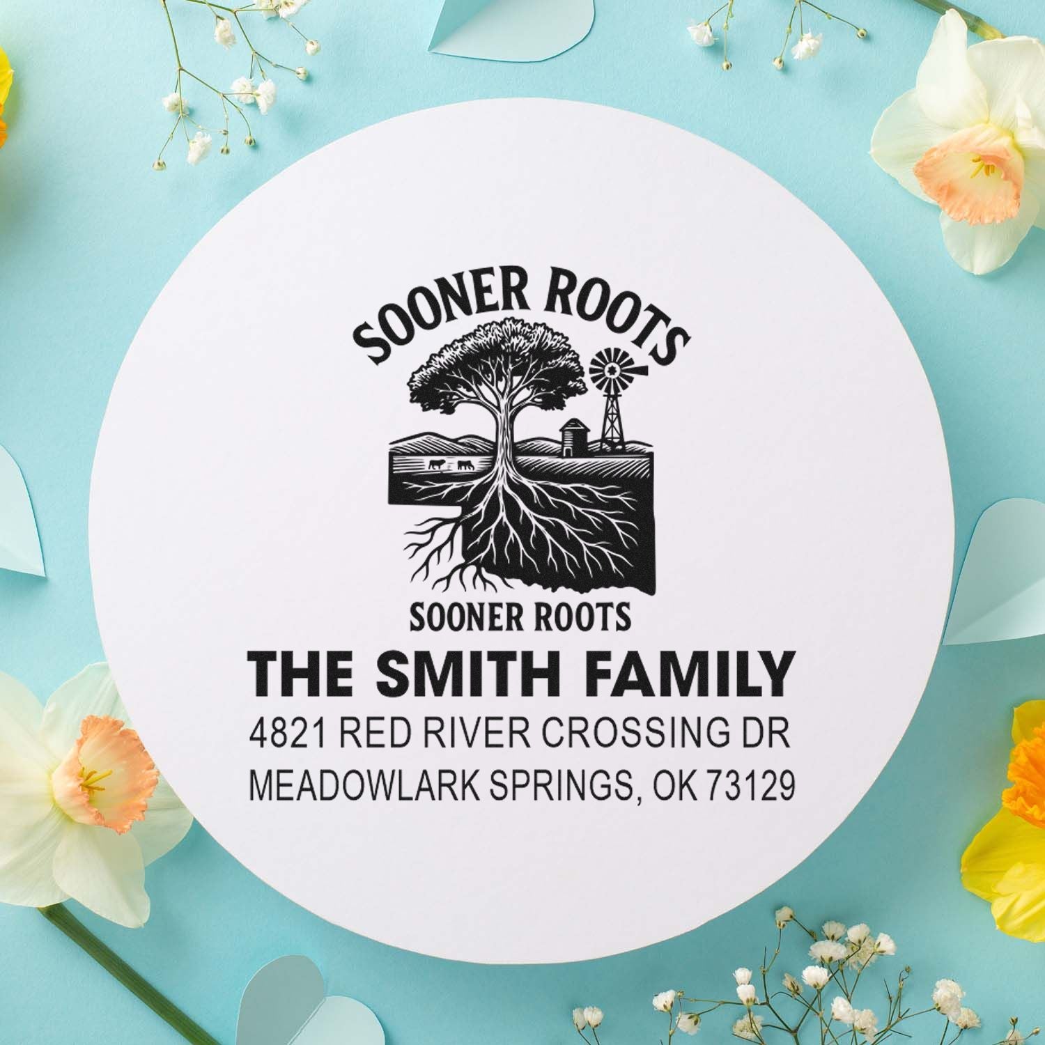 Personalized Sooner Roots family address rubber stamp with tree logo, The Smith Family, and Meadowlark Springs, OK address.