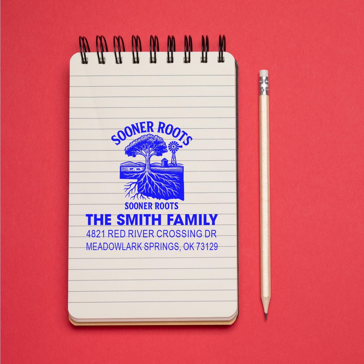 Personalized return address rubber stamp impression for The Smith Family, with Sooner Roots logo and Oklahoma address.