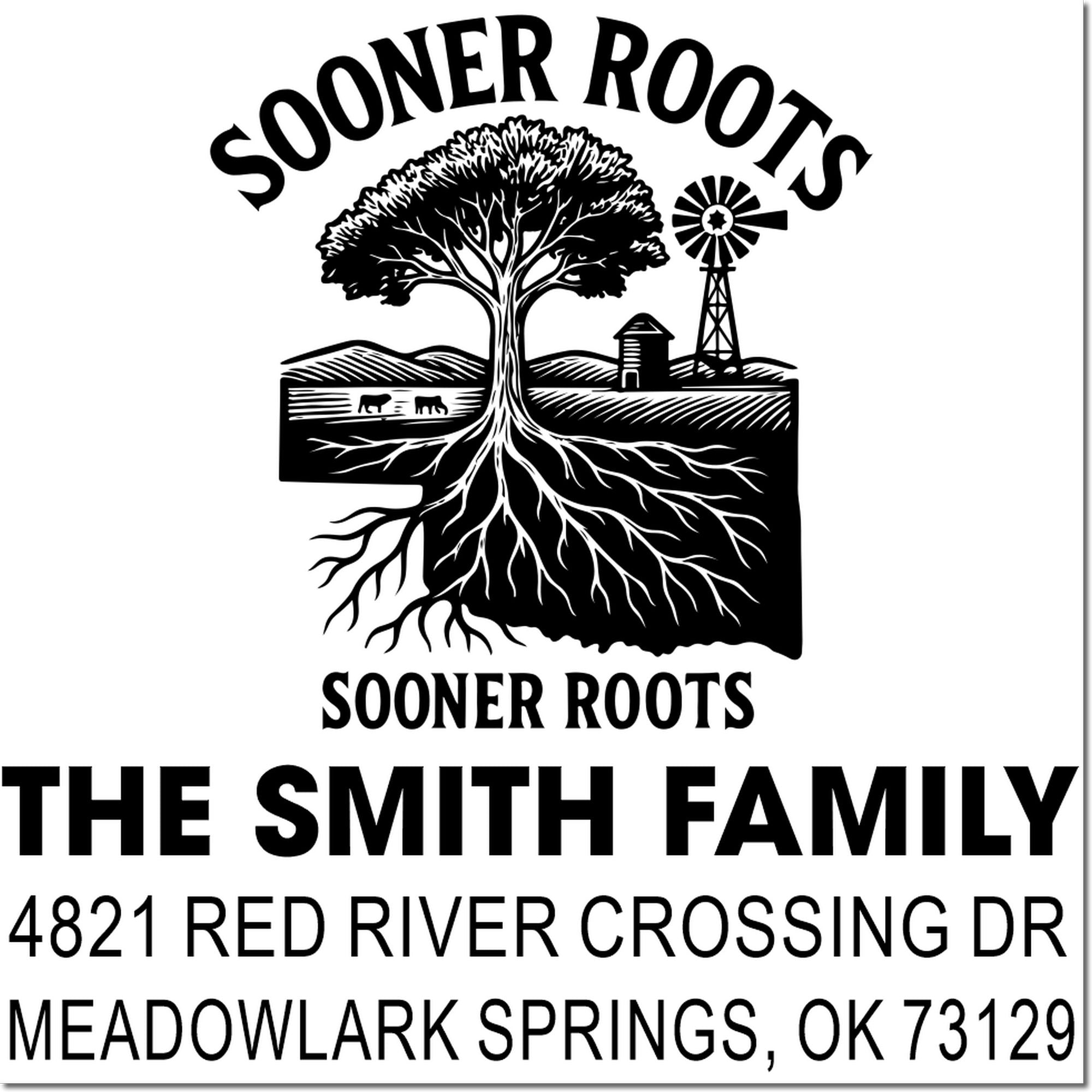 Custom family address rubber stamp for The Smith Family in Meadowlark Springs, OK, with Sooner Roots tree design.