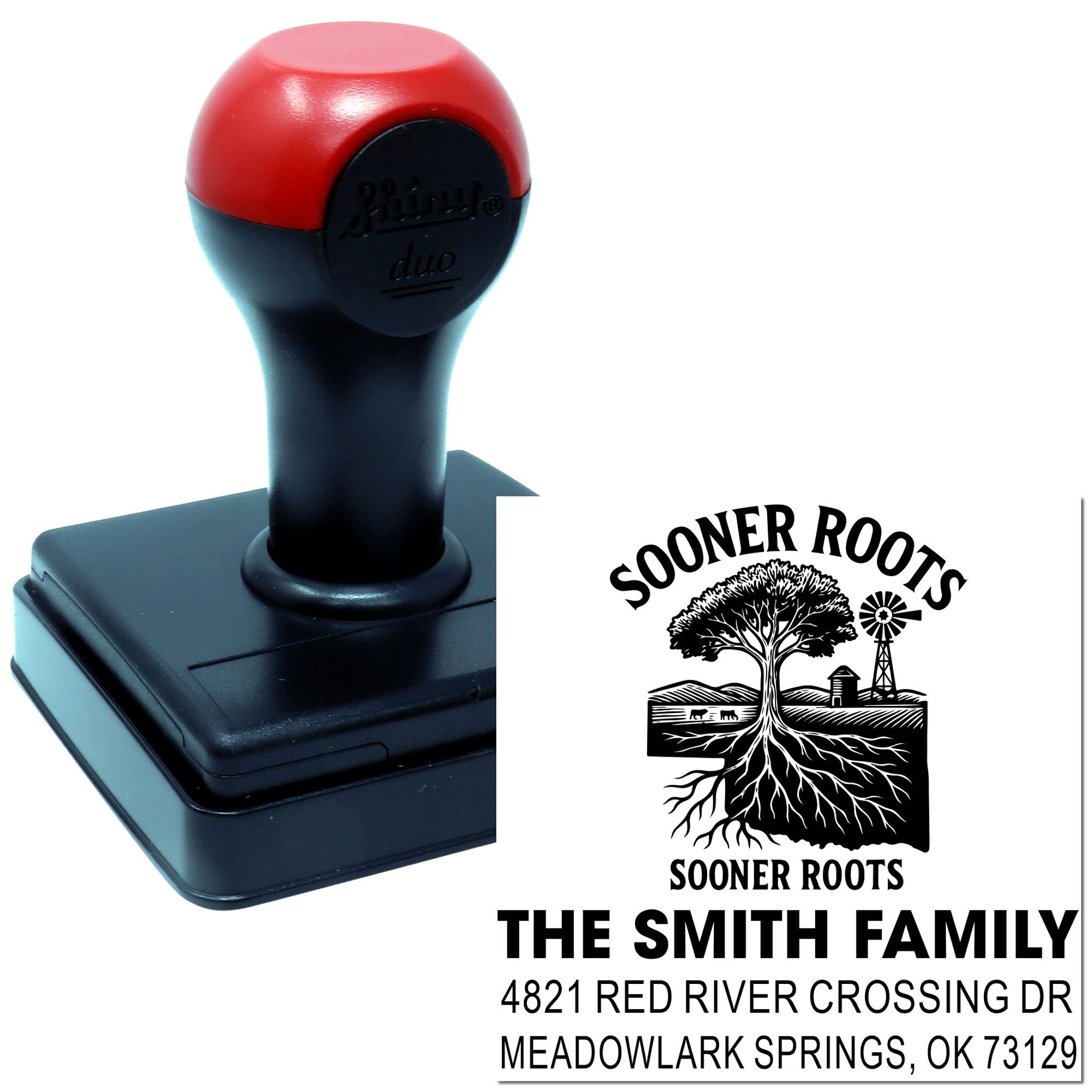 Custom self-inking rubber stamp with Sooner Roots family address design for envelopes, mailing, and stationery.
